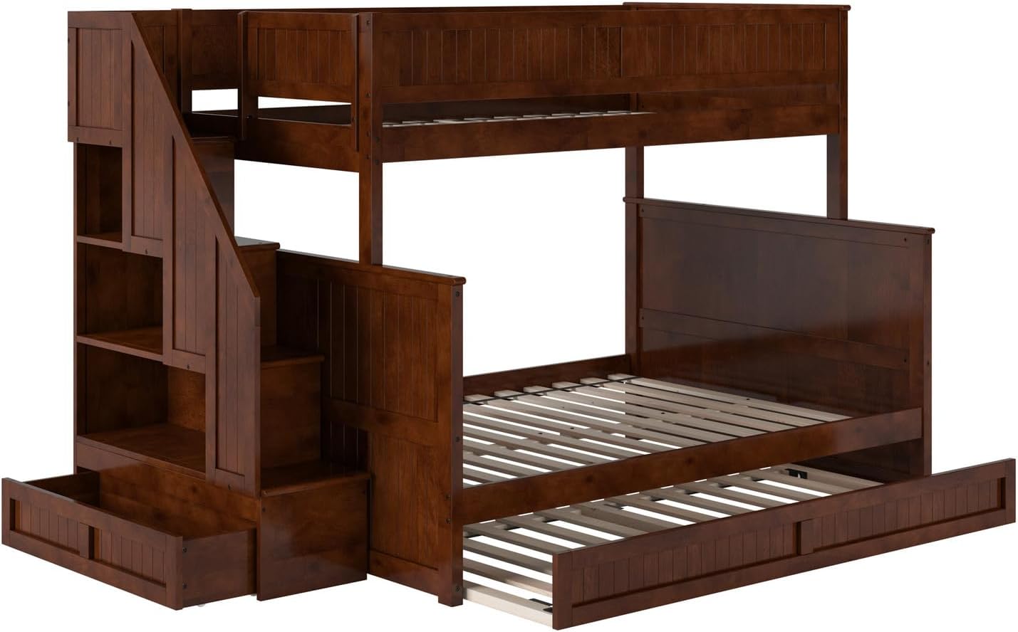 HomeStock Staircase Bunk Bed with Twin Trundle & Storage Drawer Walnut/Twin Over Full