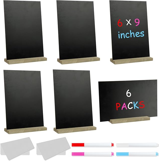 VIPITH 6Pack Double Sided Mini Chalkboard Signs,Wooden Rectangle Small Blackboard with 4 Erasable Blackboard Pens 2 Cleaning Cloth for School, Weddings, Party Food Signs, Message Board Signs (6x9")