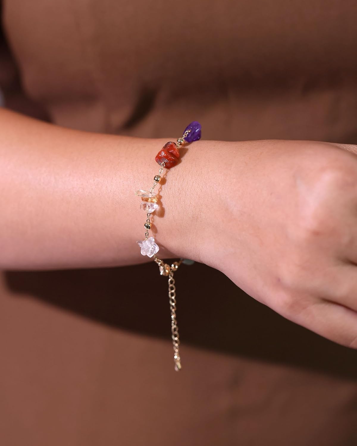 7 Chakra Reiki Gemstones Plated 14k Gold Chain Bracelets for Women Meditation Colorful Crystal Chips Beaded Bracelets (6″-8″) - Image 2