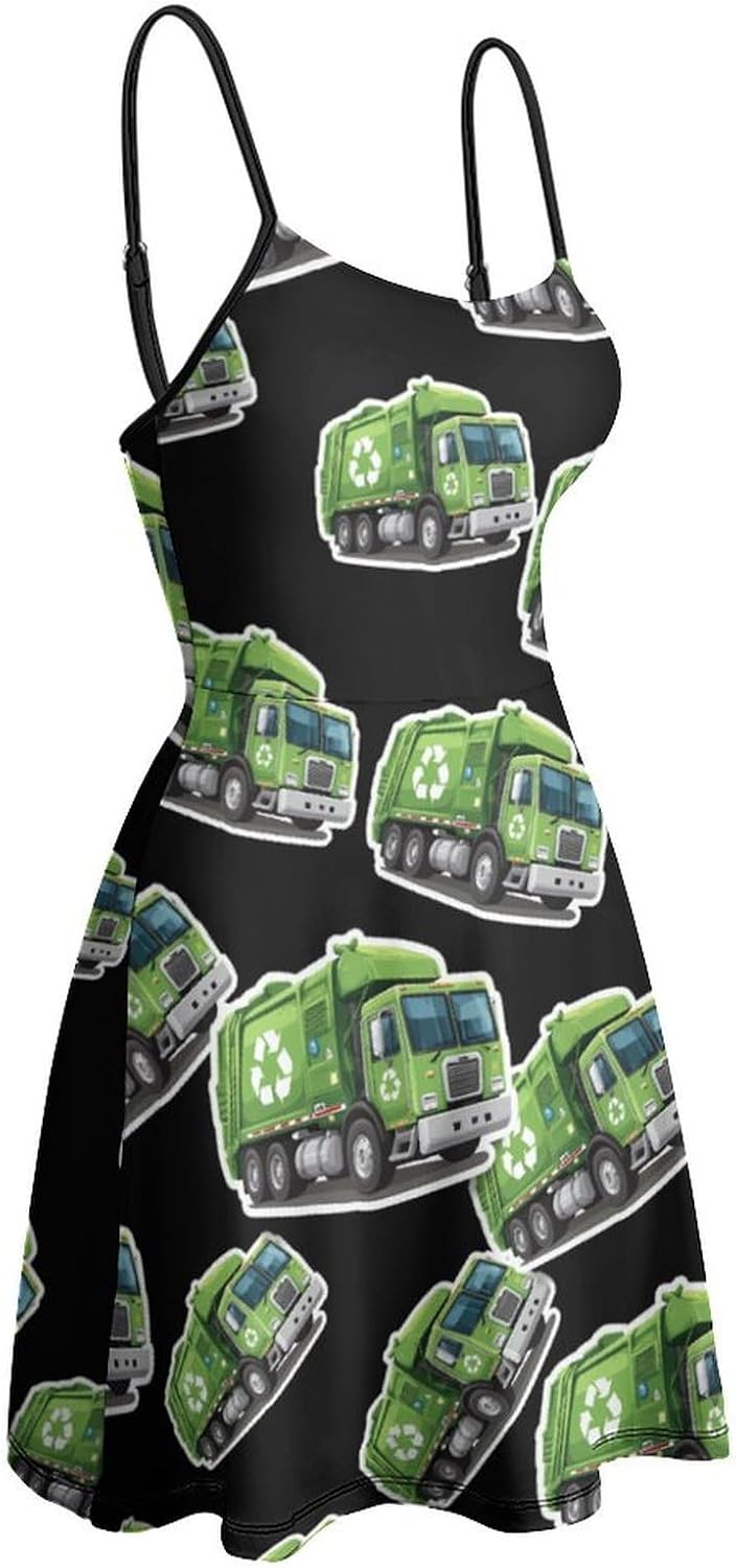 Garbage Truck Short Cami Dress for Women Adjustable Spaghetti Strap Flowy Sundress Beach Vacation