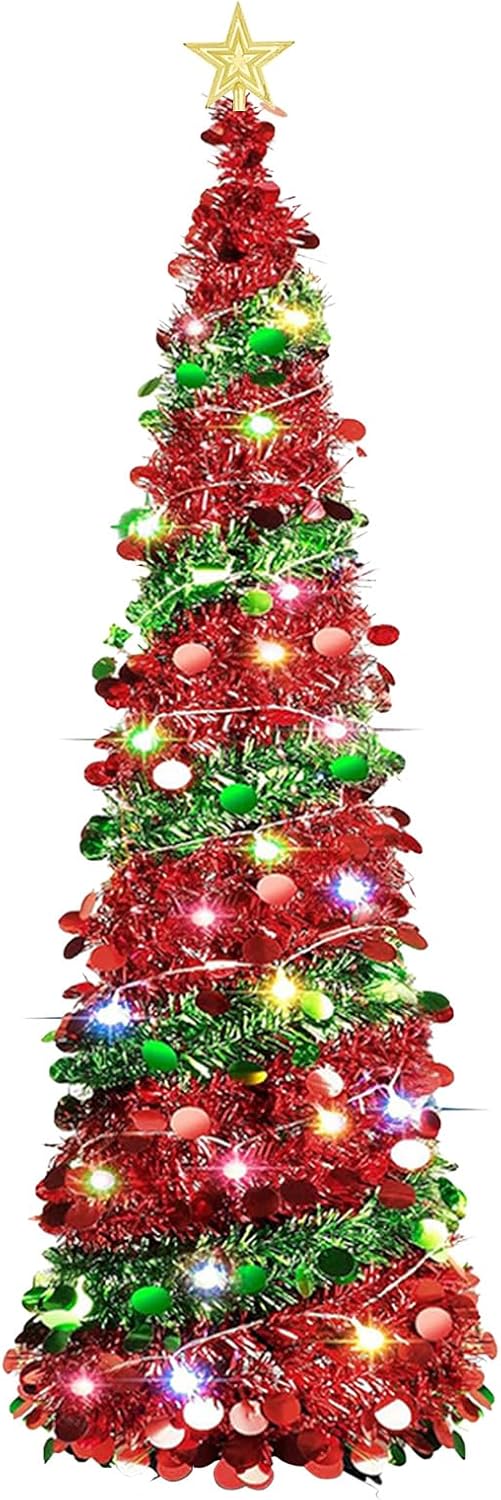 Qivine 5FT Pop Up Christmas Tree, Collapsible Artificial Pencil Christmas Trees, Tinsel Skinny Halloween Tree with 16.5in Length 50 LED Lights Top Star for Indoor Outdoor Party Holiday Decorations