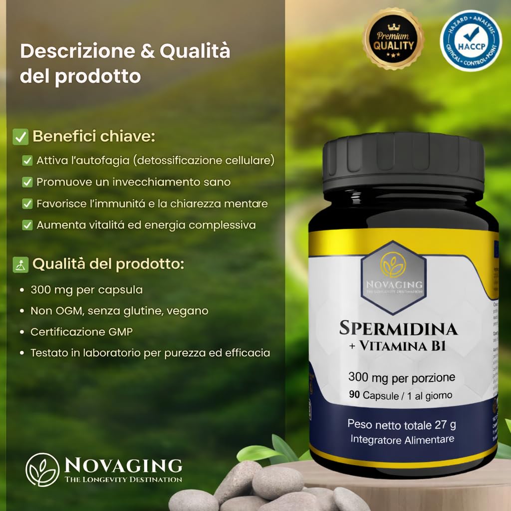 Spermidina 6 mg + Vitamina B1, 90 Capsule, Anti-Invecchiamento, Antiossidante, Fornitura per 3 Mesi, 100% Vegano, Massima Biodisponibilità, Dosaggio Preciso, Testato senza OGM e Allergeni