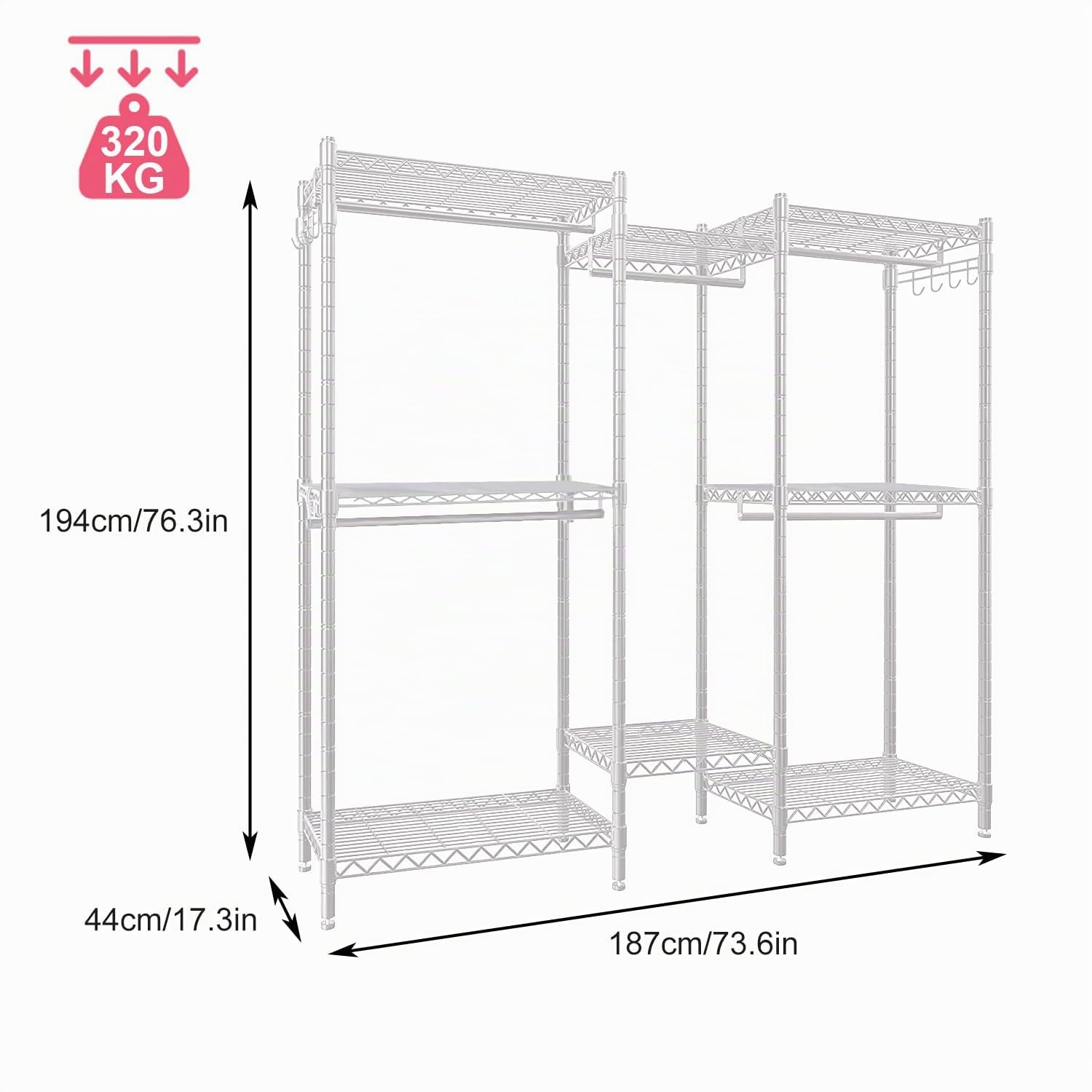 Stand Appendiabiti in Metallo，Armadio, Guardaroba, Appendiabiti, Stand Appendiabiti regolabile e Multifunzionale con Ruote Aste, Ripiani Portaoggetti,Nero (Bianco, 187 * 44 * 194cm)