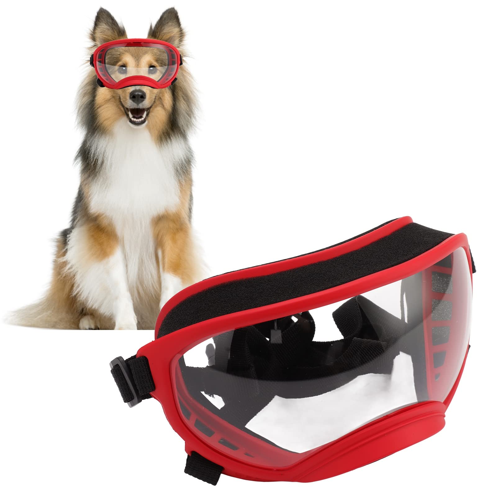 Occhiali da sole per cani antivento, con cinturino regolabile, per cani di taglia grande (montatura rossa e occhiali trasparenti)