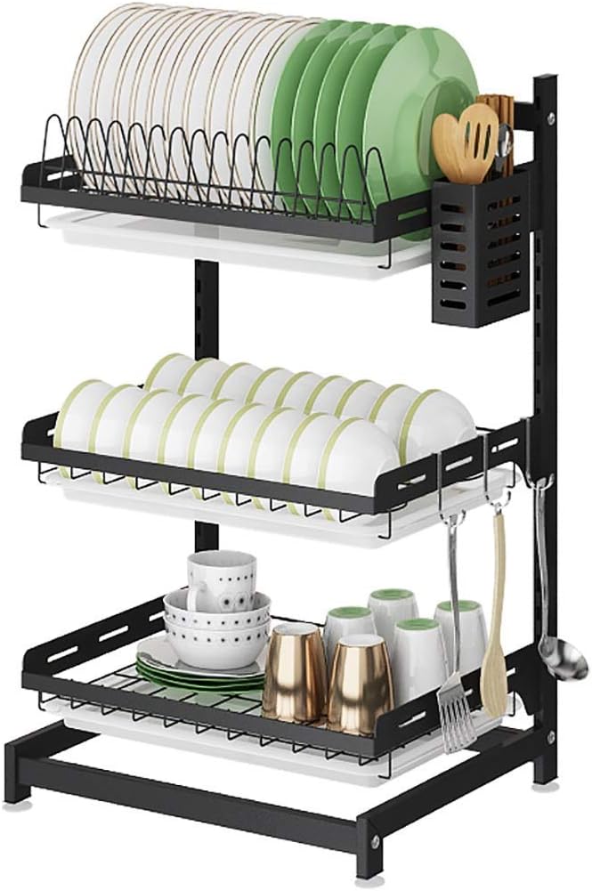 Black 201 Stainless Steel Kitchen Countertop Dish Rack Drain Rack with Chopsticks Cage,4 Hooks - 2 Layers / 3 Layers
