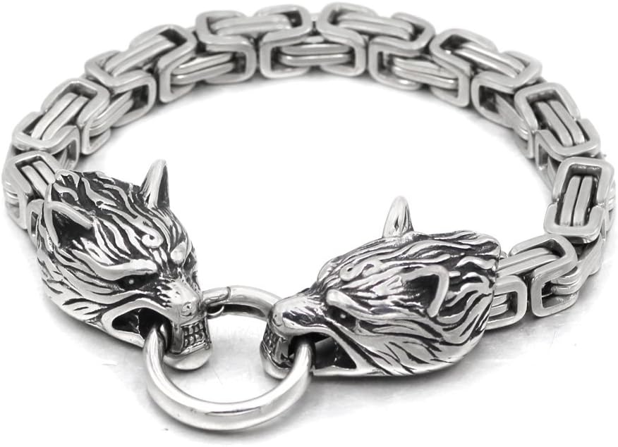 GuoShuangGuoShuang Norse Men Stainless Steel King Chain Viking Wolf Head Bracelet 21 23 25 cm