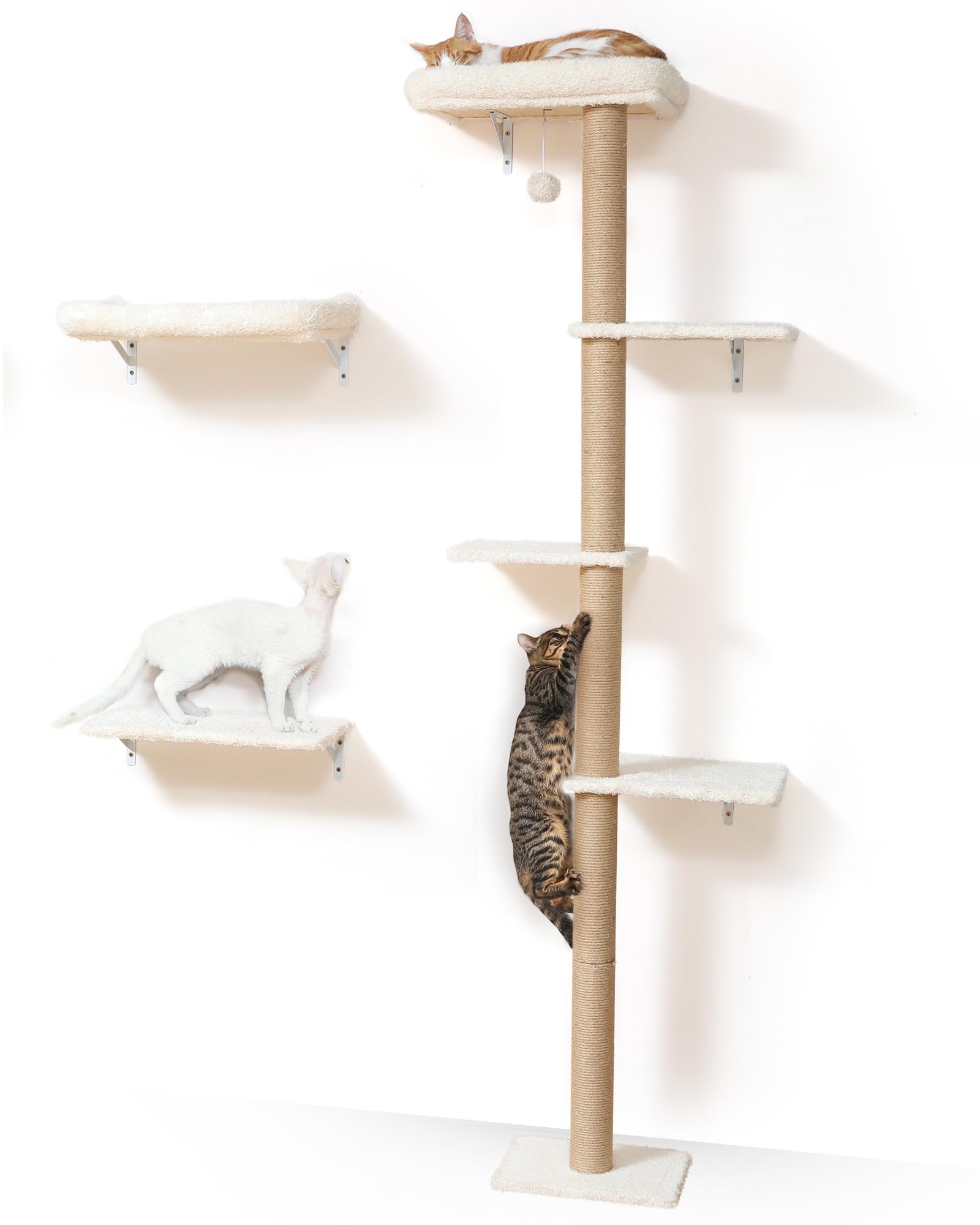 FUKUMARU Cat Wall Shelves, Stable Wall Mounted Cats Furniture Set, Kitten Scratching Post with Soft Cushion Perch, Space Saving Climbing Wall for 16 Inch Drywall - Beige