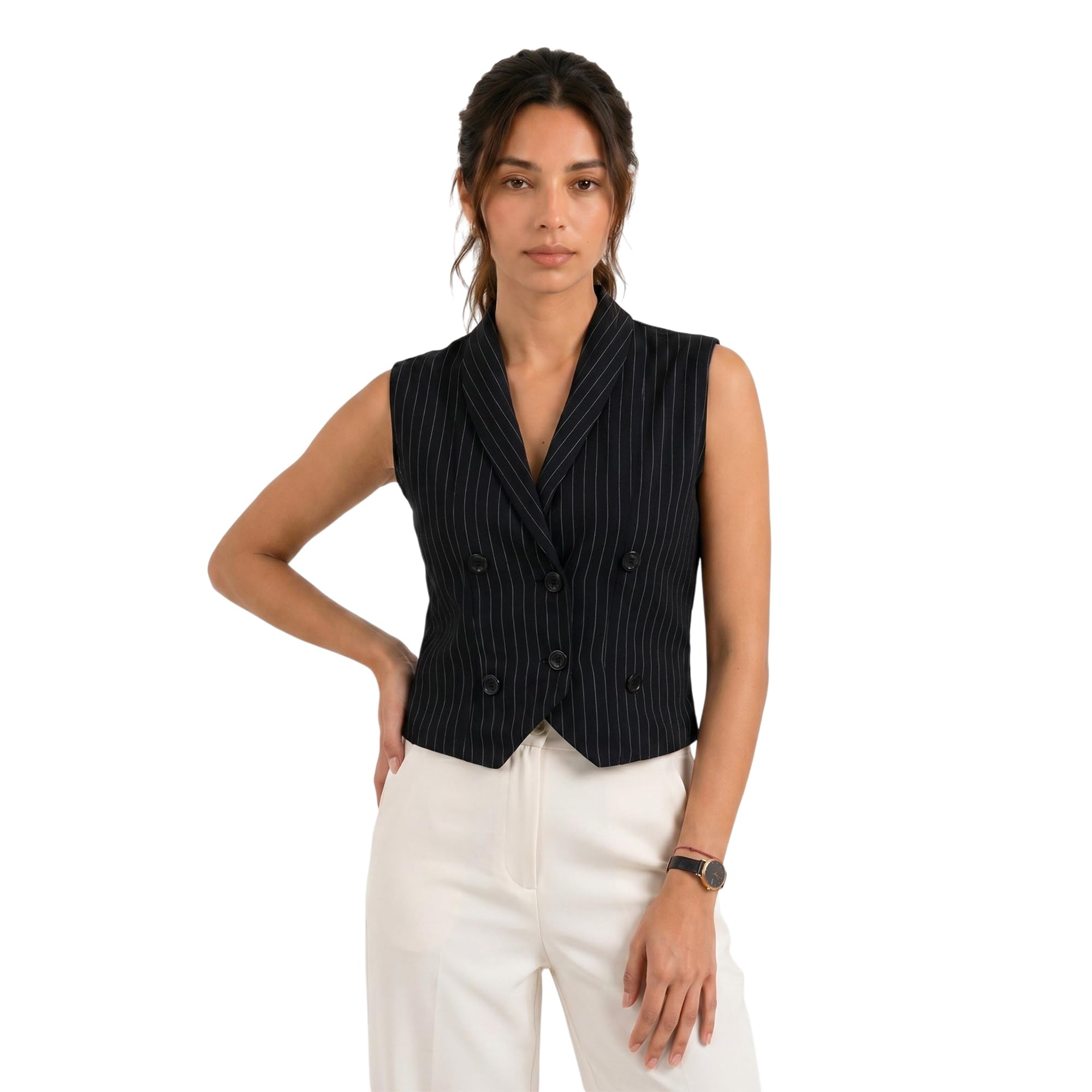 bossbella BOSSBELA Women Black Striped Double-Breasted Formal Waistcoat | Pinstripe Power Vest | Cropped Sleeveless Office Wear-picture-26