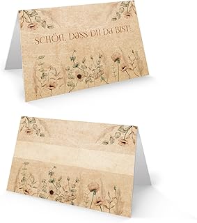 Tischkarten Boho, 50er Set: Namensschilder Schön, dass du da bist, Für Hochzeit, Geburtstag, Taufe, Konfirmation & Kommunion, Festdeko Tisch, Platzkarten zum Beschriften, Tischkärtchen, 8,5 x 5,5 cm