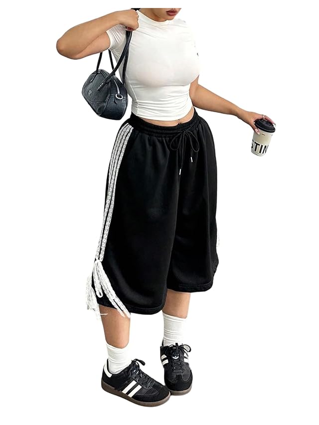 Verdusa Womens Plus Size Y2K Bow Lace Striped Capri Pants Drawstring Waist Wide Leg Cropped Pants