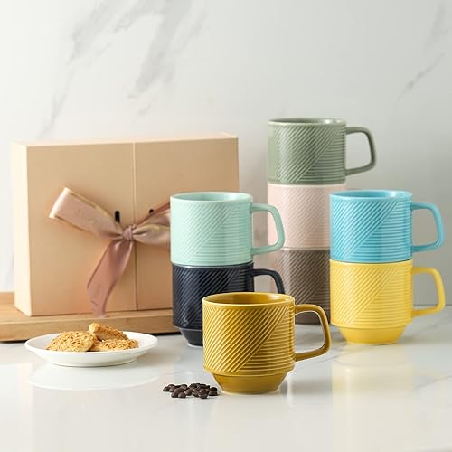Miniatura 6 de Juego de tazas de café apilables 4 tazas de café apilables grandes de 13 onzas de cerámica para café con leche capuchino, tazas de té grandes de