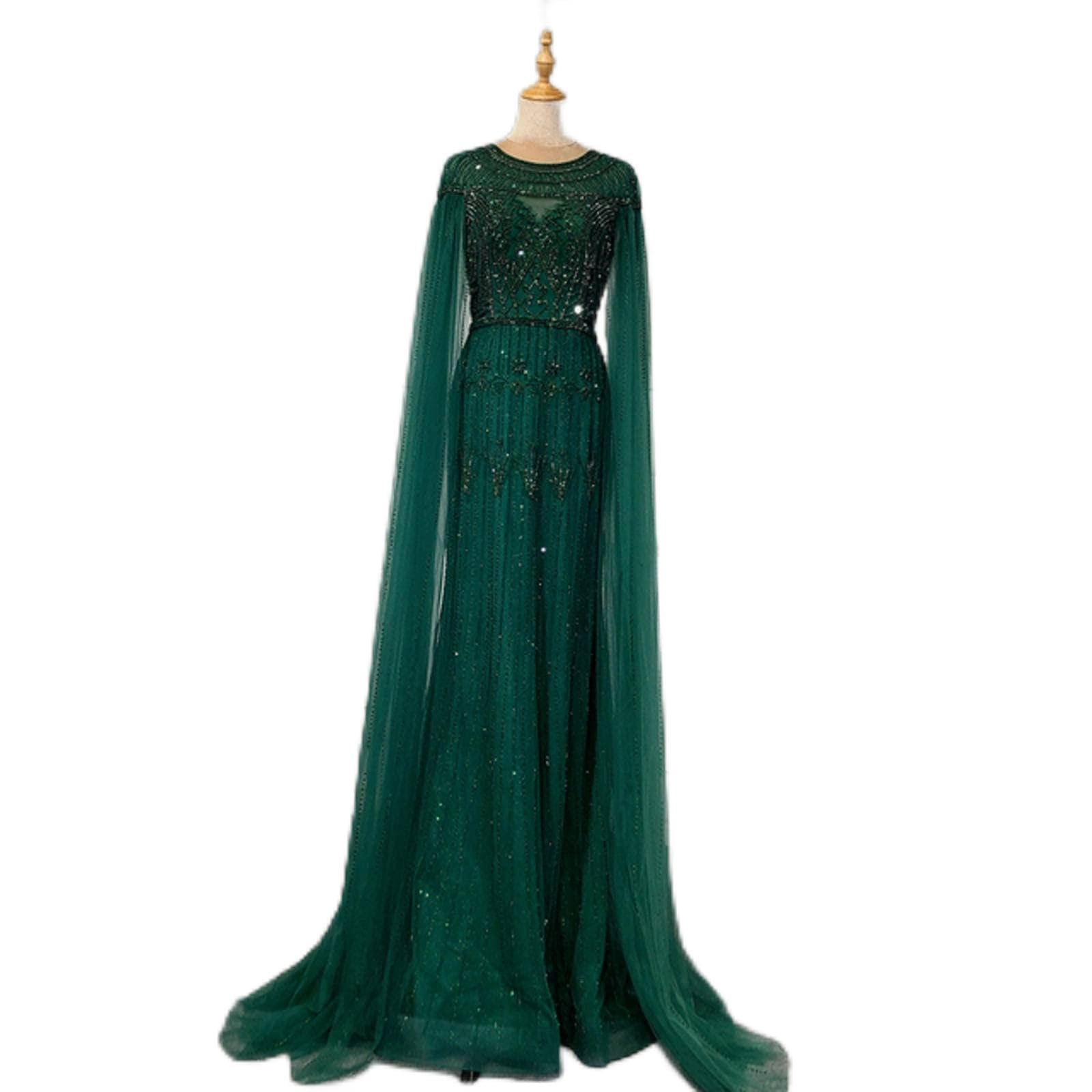 Gold Arabic Luxury Cape Sleeves Evening Dresses Gowns 2025 Beaded A-Line For Women Party LA71598