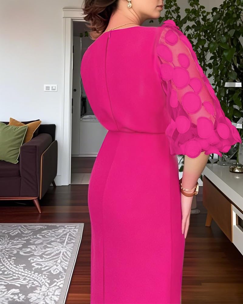 CHICME Bodycon Midi Dress for Women Mesh Puff Sleeve Slit Work Cocktail Wedding Dresses with Belt - Image 3