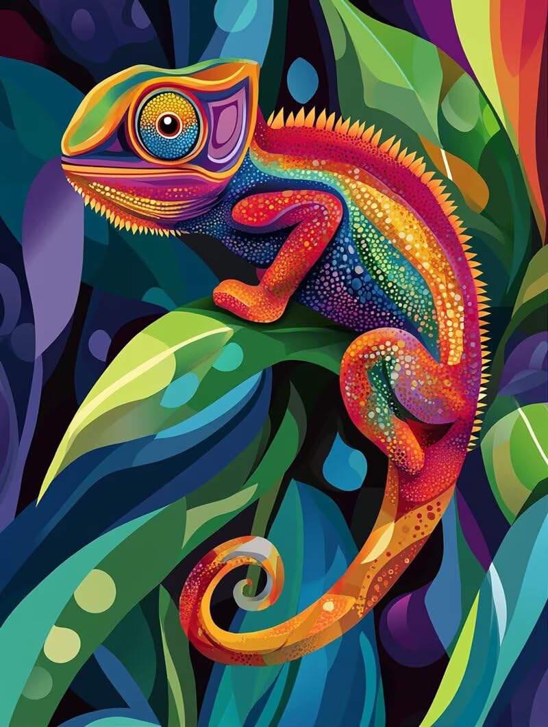 Dipingere con i Numeri Adulti Colorato, Kit di Pittura a Olio su Tela DIY con Pennelli Pittura a Pigmento Acrilico, Paint by Numbers Camaleonte Disegno, Regalo Creativo 70x100cm (Senza Cornice)-#891k