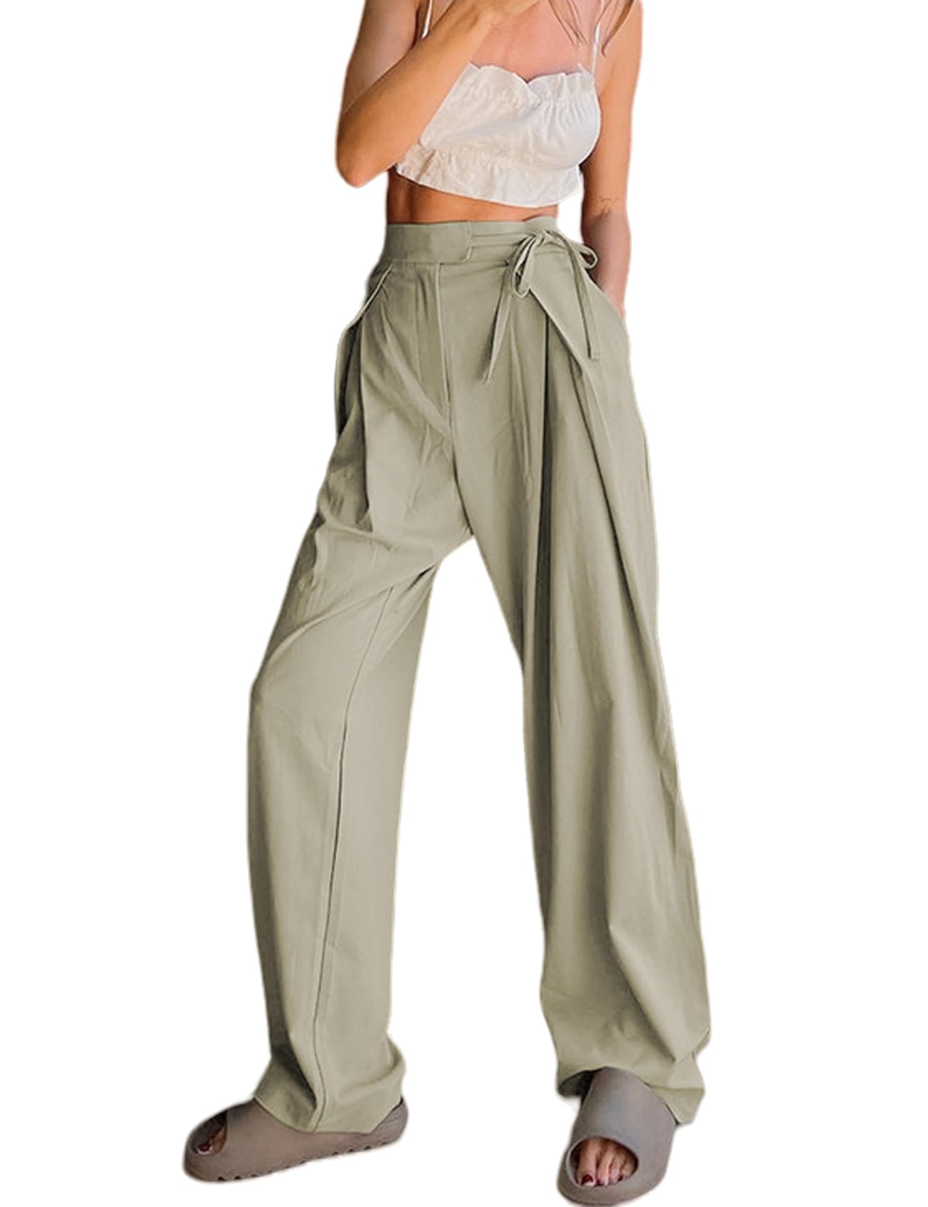Perbai Womens High Waisted Wide Leg Pants Elastic Back Straight Long Suit Work Pants