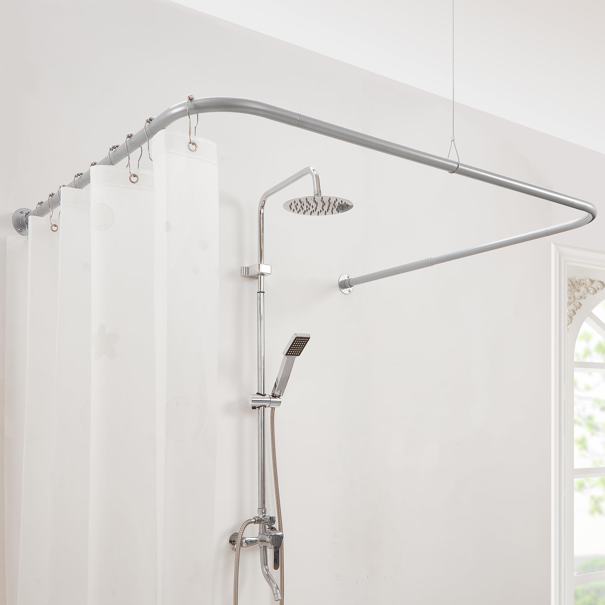 Mirooyu U Shaped Shower Curtain Rail, [Both Sides: 60-132 cm, Middle: 78,7/118,6/158,6/198,6 cm] Adjustable Half Square Curtain Pole Rod for Bathroom Bathtub with 12 Hooks & Ceiling Support
