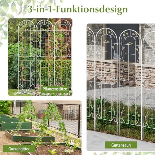 COSTWAY Rankgitter Metall, 2er Set, dekorativer Gartenzaun, freistehende Rankhilfe, Spalier Garten zum Stecken, Rankspalier für Kletterpflanzen Blume Gurke (220 x 50 cm, Weiß)
