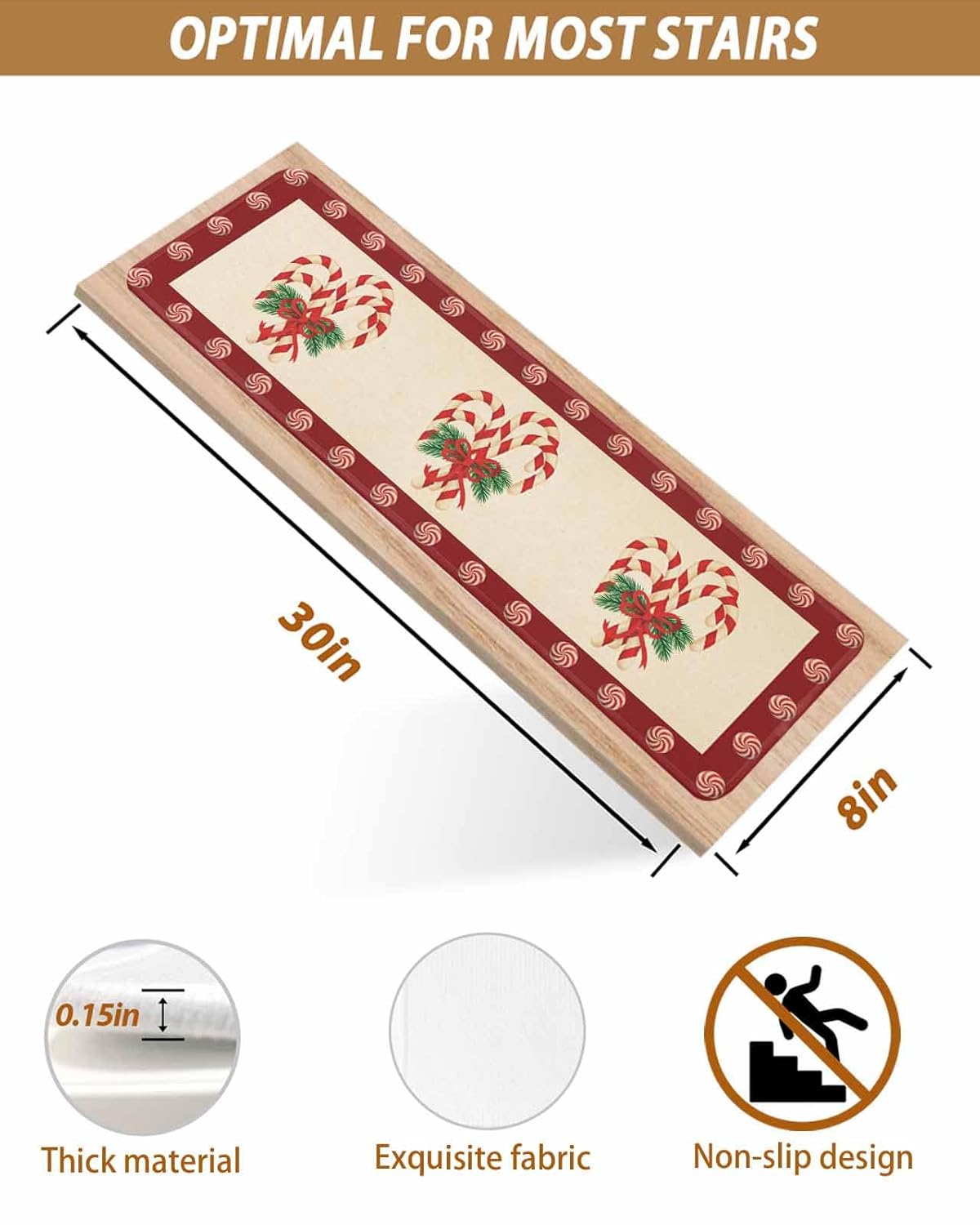 Christmas Candy Cane Stair Treads for Wooden Steps Indoor 4 PCS,Peel and Stick Stair Treads Runner Rugs Adhesive Carpet Mats,Xmas Red Bow Pine Branch Retro Washable Non-Slip Staircase Cover 8x30in