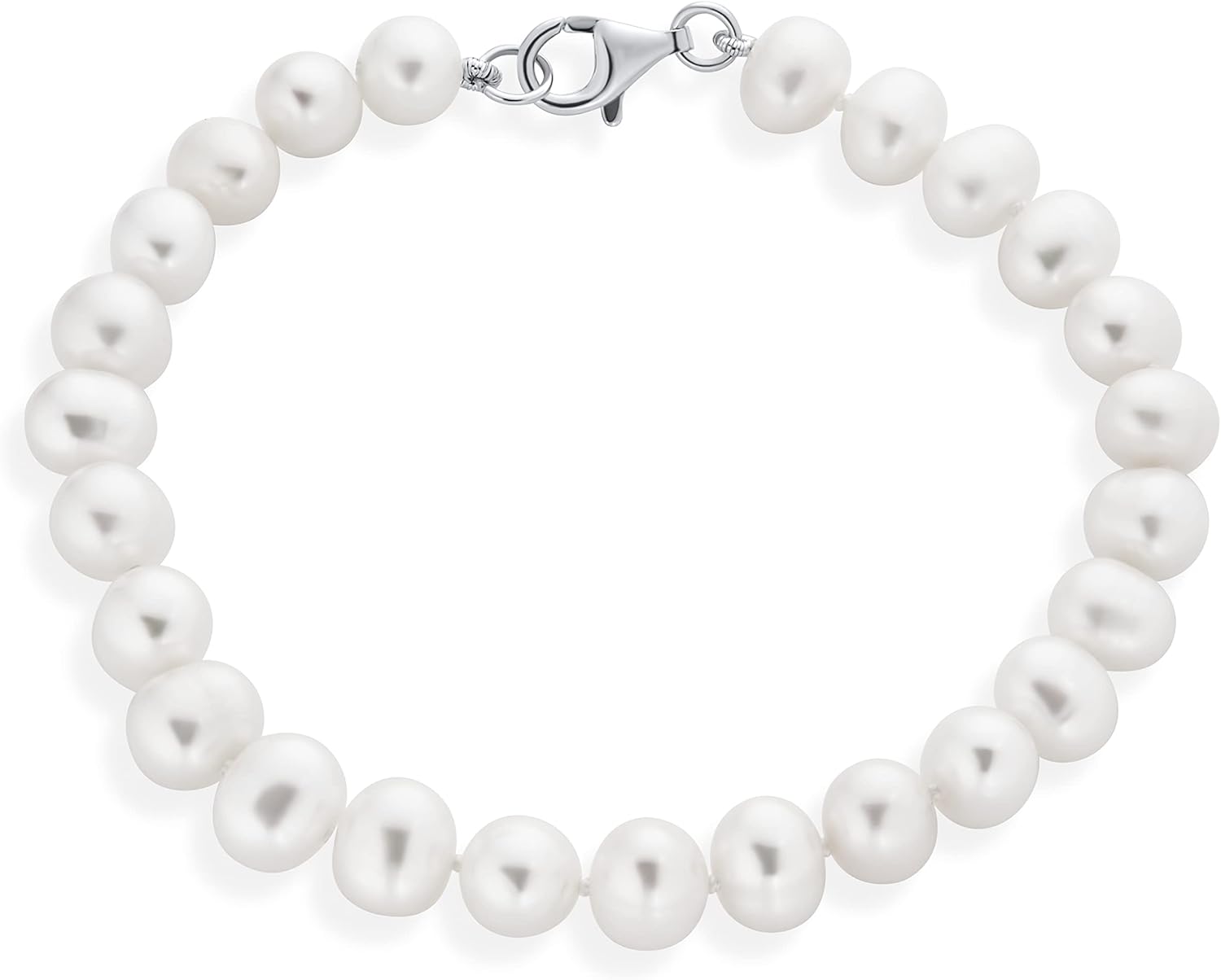 Traditional Classic Simple Bridal Genuine 7.5-8 MM White Pink Infinity Baroque Freshwater Cultured Pearl Hand Knotted Stretch Strand Bracelet For Women Teen .925 Sterling Silver 6, 7, 7.5 Inch