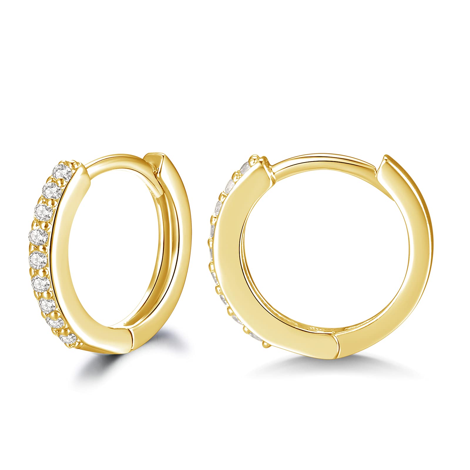 ShuxinSilver Hoops Earrings for Women, 925 Sterling Silver Gold Hoop Earrings with AAA Cubic Zirconia, Hypoallergenic Unisex 14mm Small Sleeper Huggie Hinged Hoop Earrings for Men Ladies Girls