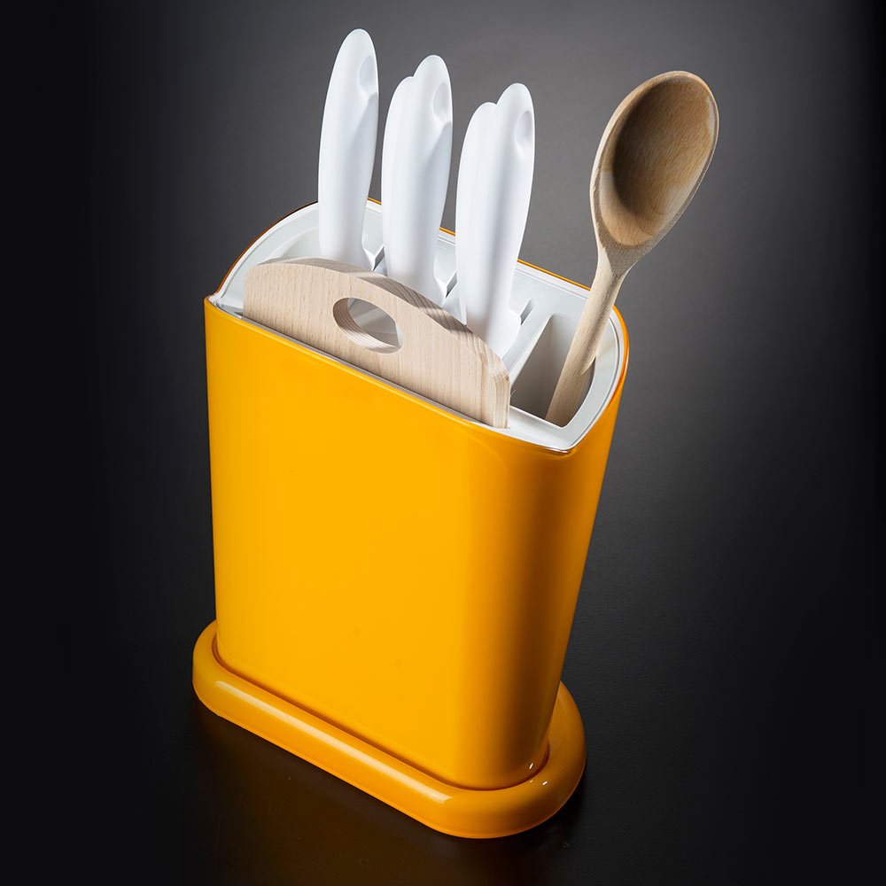 Omada Design Messerblock aus Polypropylen, Made in Italy, multifunktionaler Messerhalter mit Satz 5 Messerhalter für die Küche aus Edelstahl und Schneidbrett aus Holz. Linea Trendy, Gelbe Farbe | Set mit Ständer aus Kunststoff, komplett mit 5 Messern aus