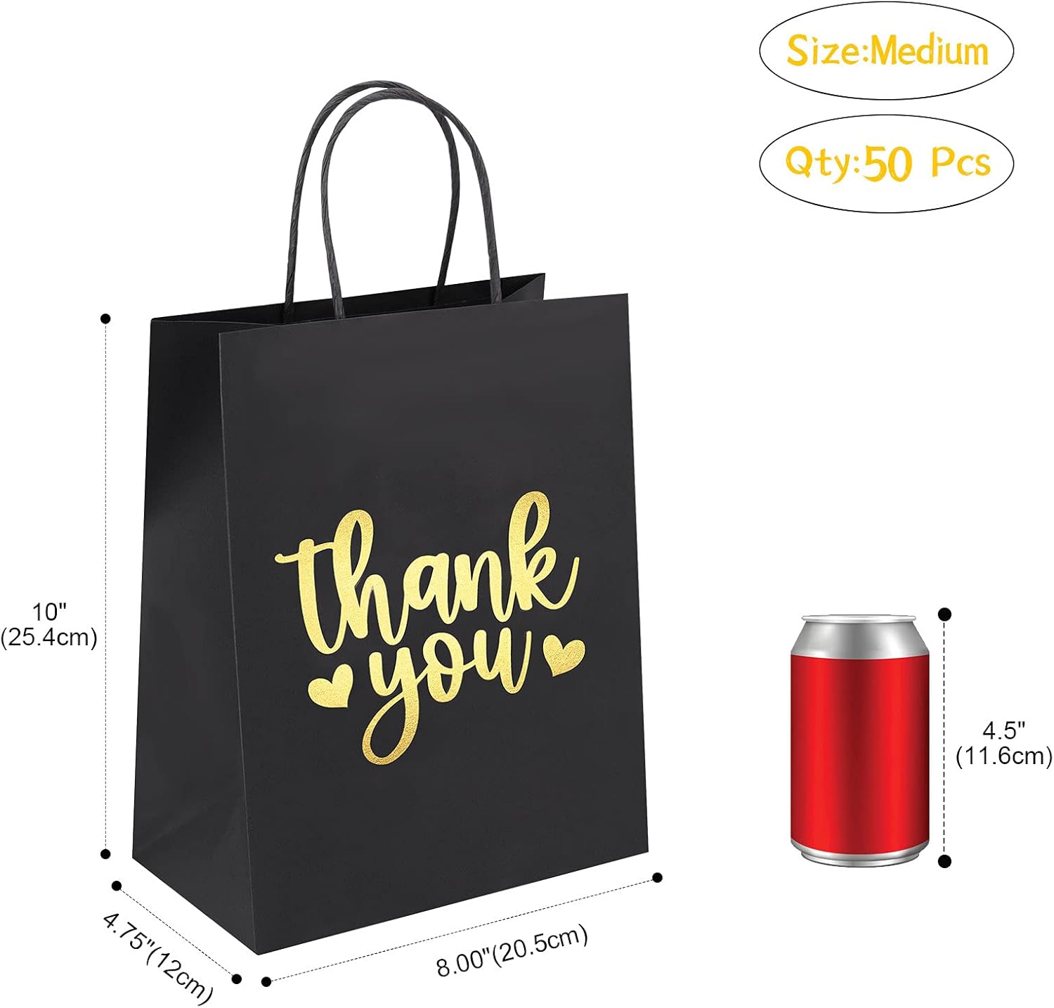 Thank You Gift Bags Bulk 50 Pcs Medium, Gold Foil Thank You Black Paper Bags with Handles for Retail Shopping, Wedding, Baby Shower Holiday, Party Favors, Size 8x4.75x10 Inches - Image 3