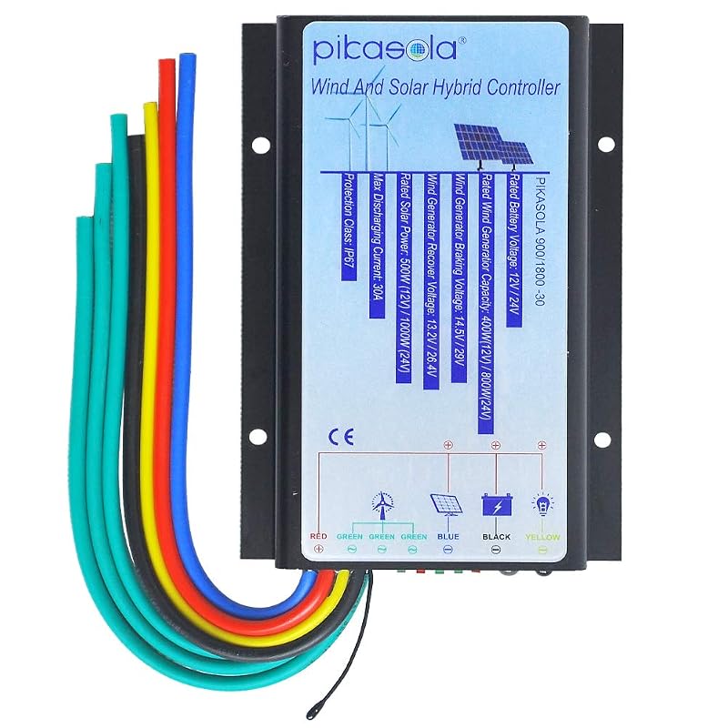 Controlador de Carga Híbrido Eólico e Solar Pikasola 30 A 12/24 V com PWM e MCT, para Turbina Eólica de até 800 W e Painel Solar de até 1000 W