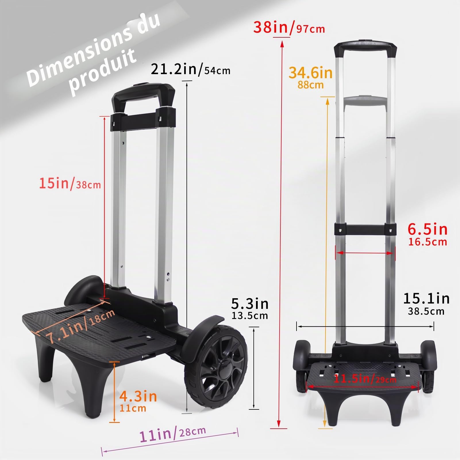 Chariot à dos pliable en alliage d'aluminium avec 2 grandes roues de réservoir, chariot à main pliable avec sangles à bagages pour sacs, sacs à déjeuner, sacs de golf, adolescents, adultes, école