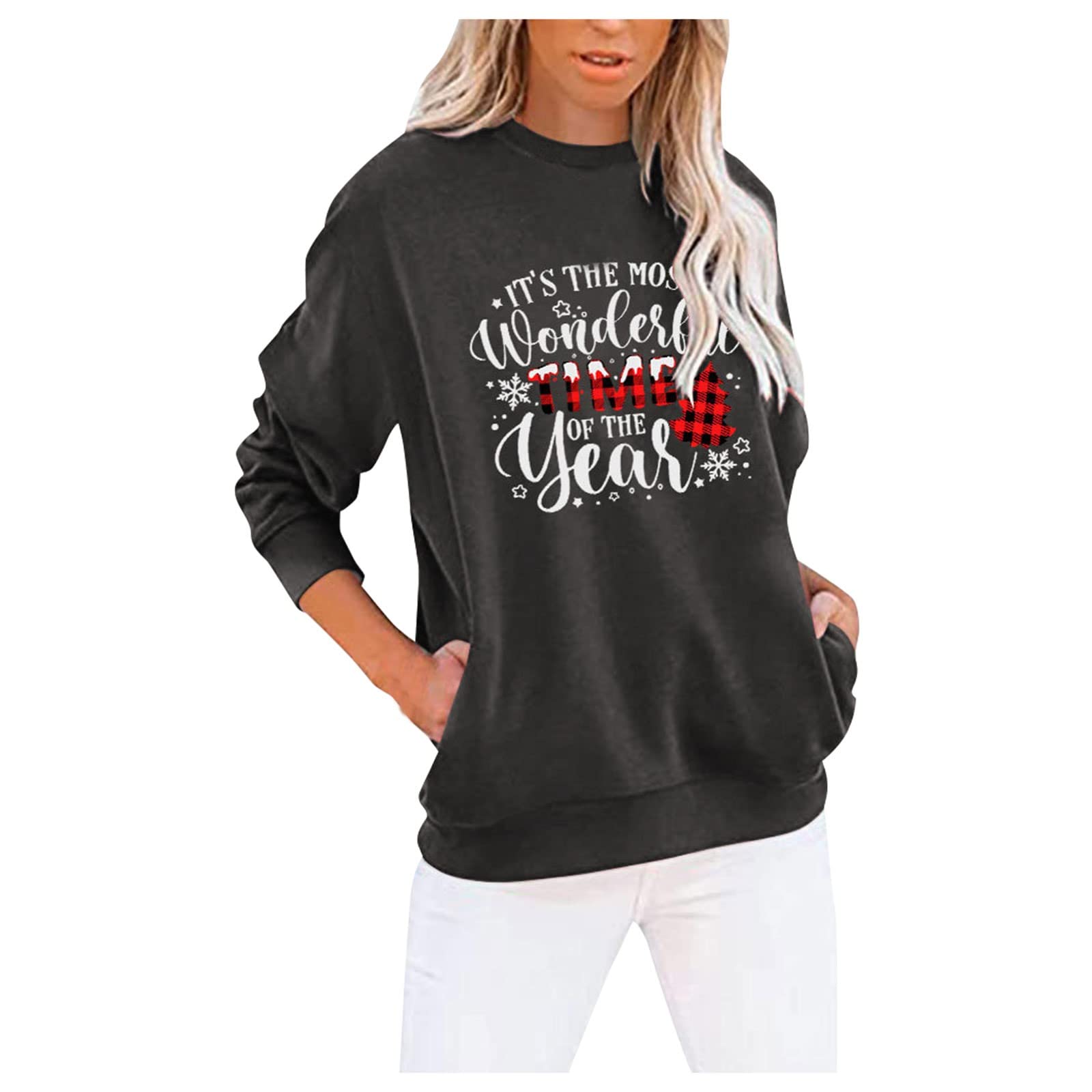 Women's Christmas Sweatshirt Funny Letter Print Pullover Tops Plaid Xmas Tree Long Sleeve Fall Tunics with Pockets