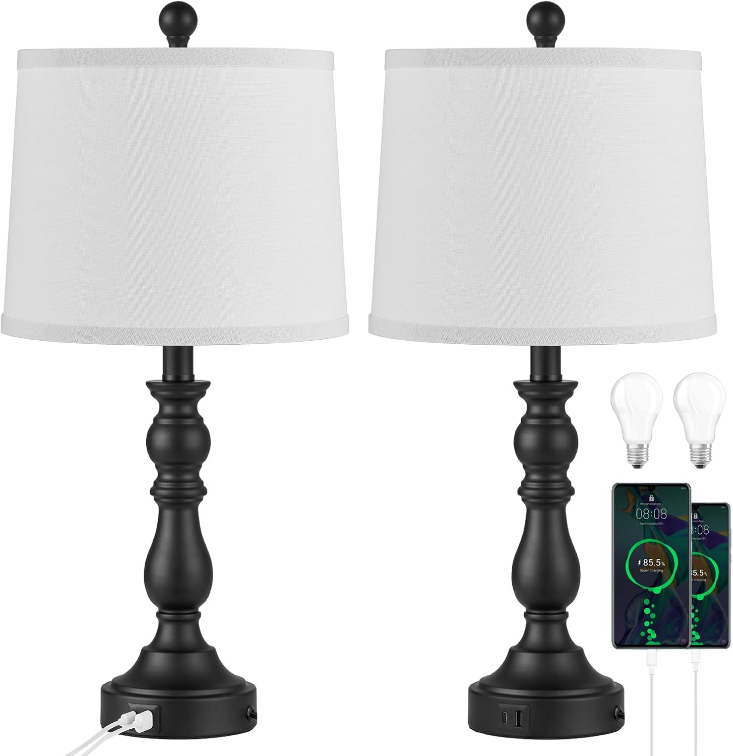 Farmhouse Side Table Lamps for Living Room Set of 2 with USB C+A Ports, Bedside Lamp for Bedroom, Dining Room Decor, Office, End Table, Knob Switch, 3 Color Temperatures, Bulb Included, Black thumbnail
