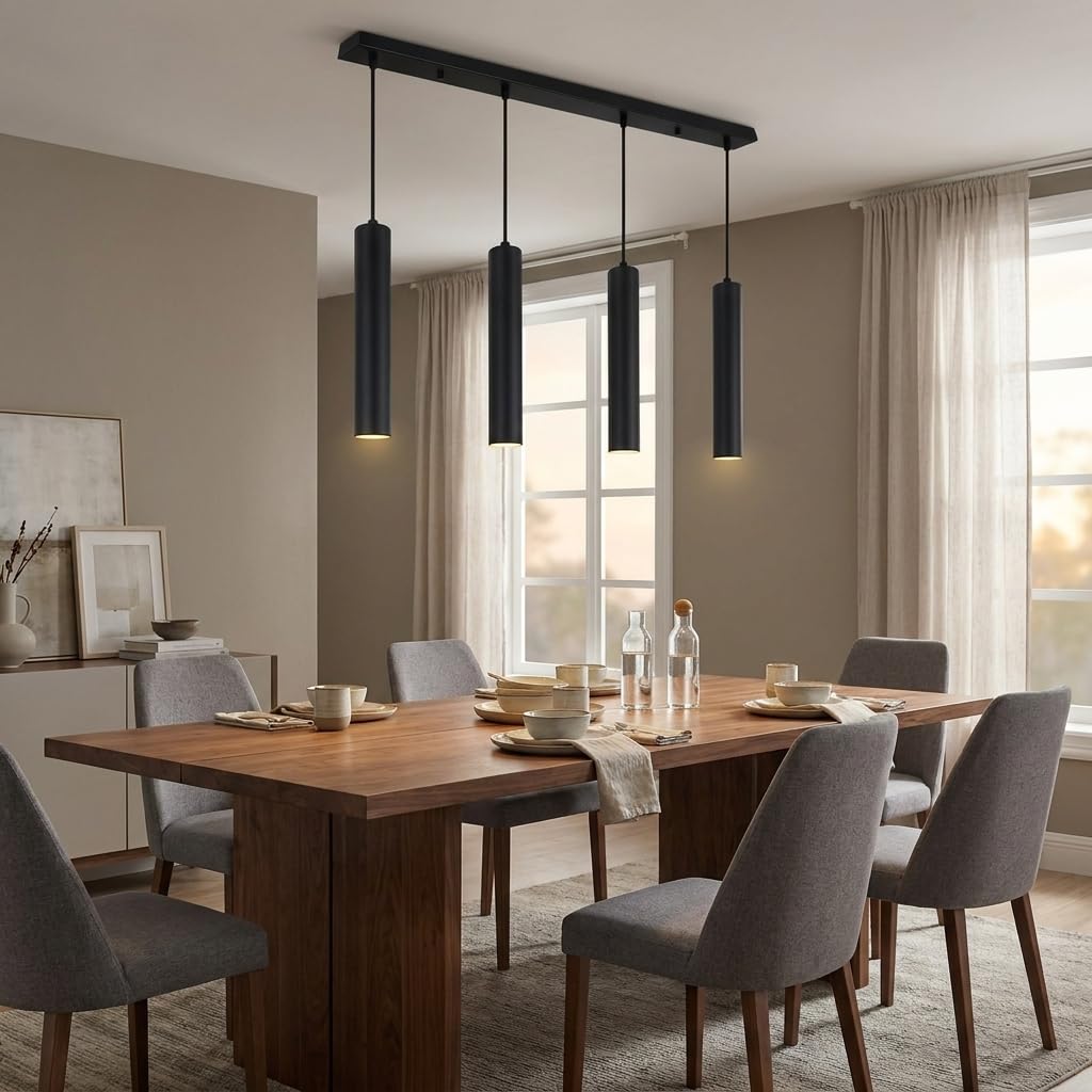 Alpinaluz Lámpara Colgante Lineal Negra de 4 Luces con Tubos de Aluminio de 30 cm y Cable Textil Ajustable, Estilo Moderno y Minimalista para Cocina o Comedor, Portalámparas GU10, Barra de 100 cm
