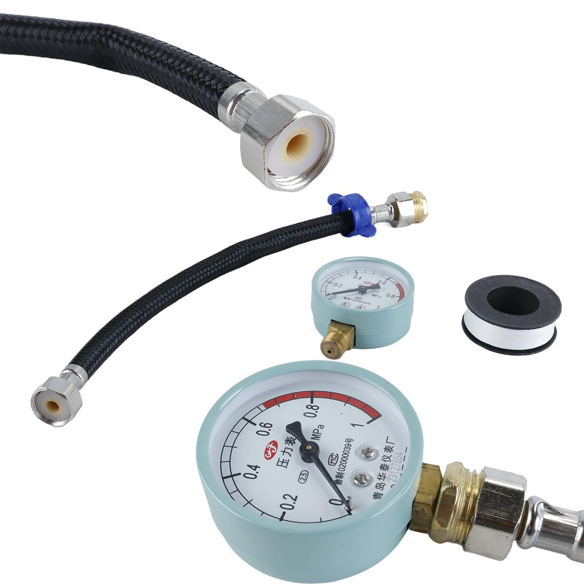 Durlo Water Pressure Gauge with Braided plastic Hose, 1/2" Connection, Corrosion Resistant Plumbing Test Device