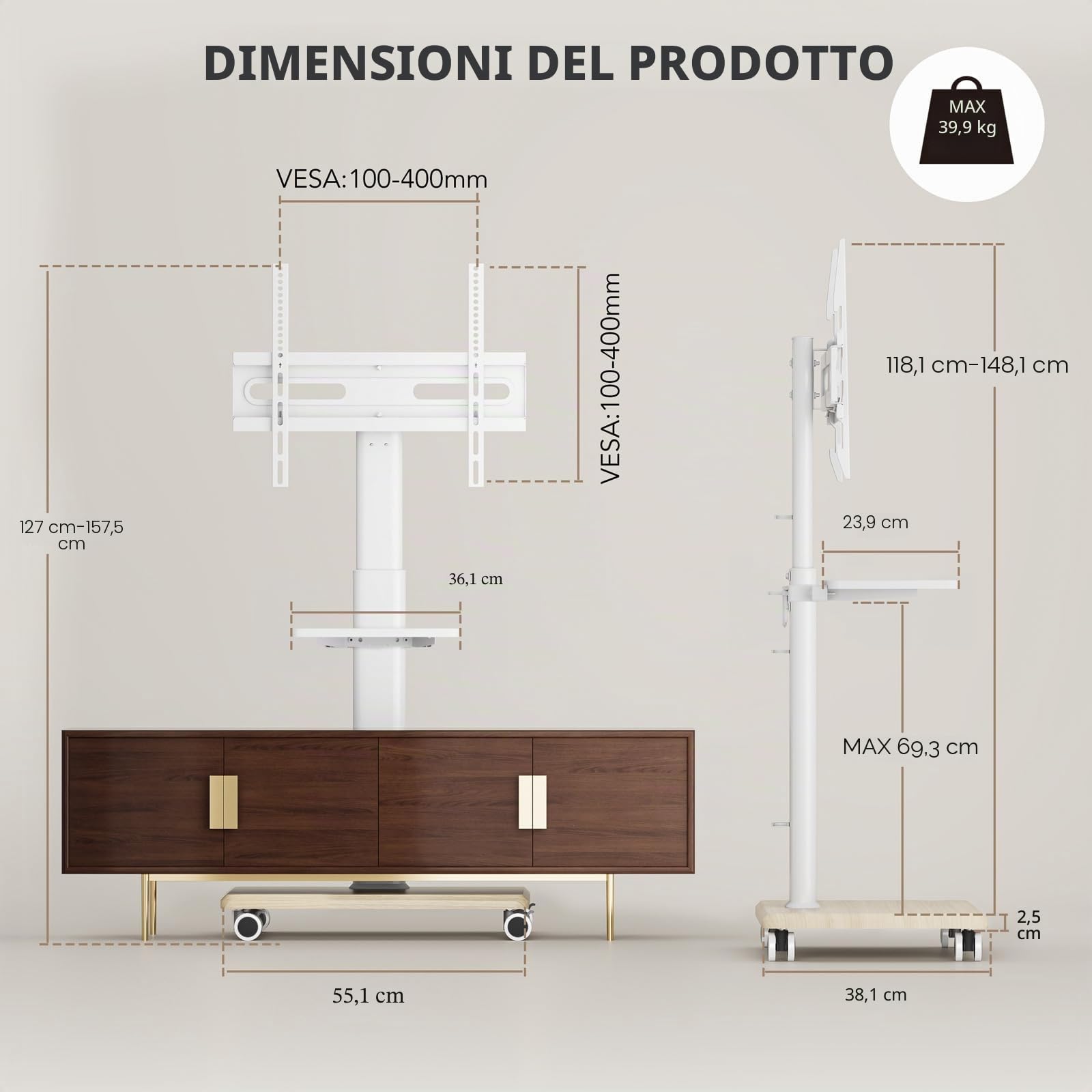 AX WABER Supporto TV da Pavimento Mobile con Ruote, per TV 27-65 Pollici, VESA 400x400, Carico 40kg, Design Bianco e Legno Chiaro