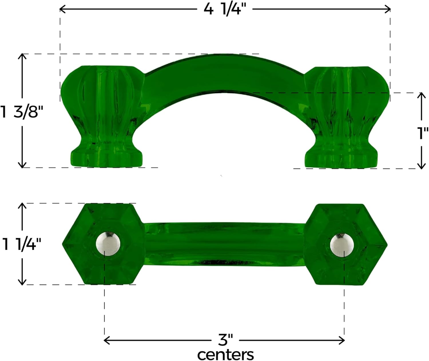 Depression Era Hexagonal Forest Green Glass Drawer Pull | Centers: 3" | Bridge Handle for Antique Cabinet Door, Dresser Drawer, Desk | Reproduction Furniture Hardware | GD10-GFG (1)