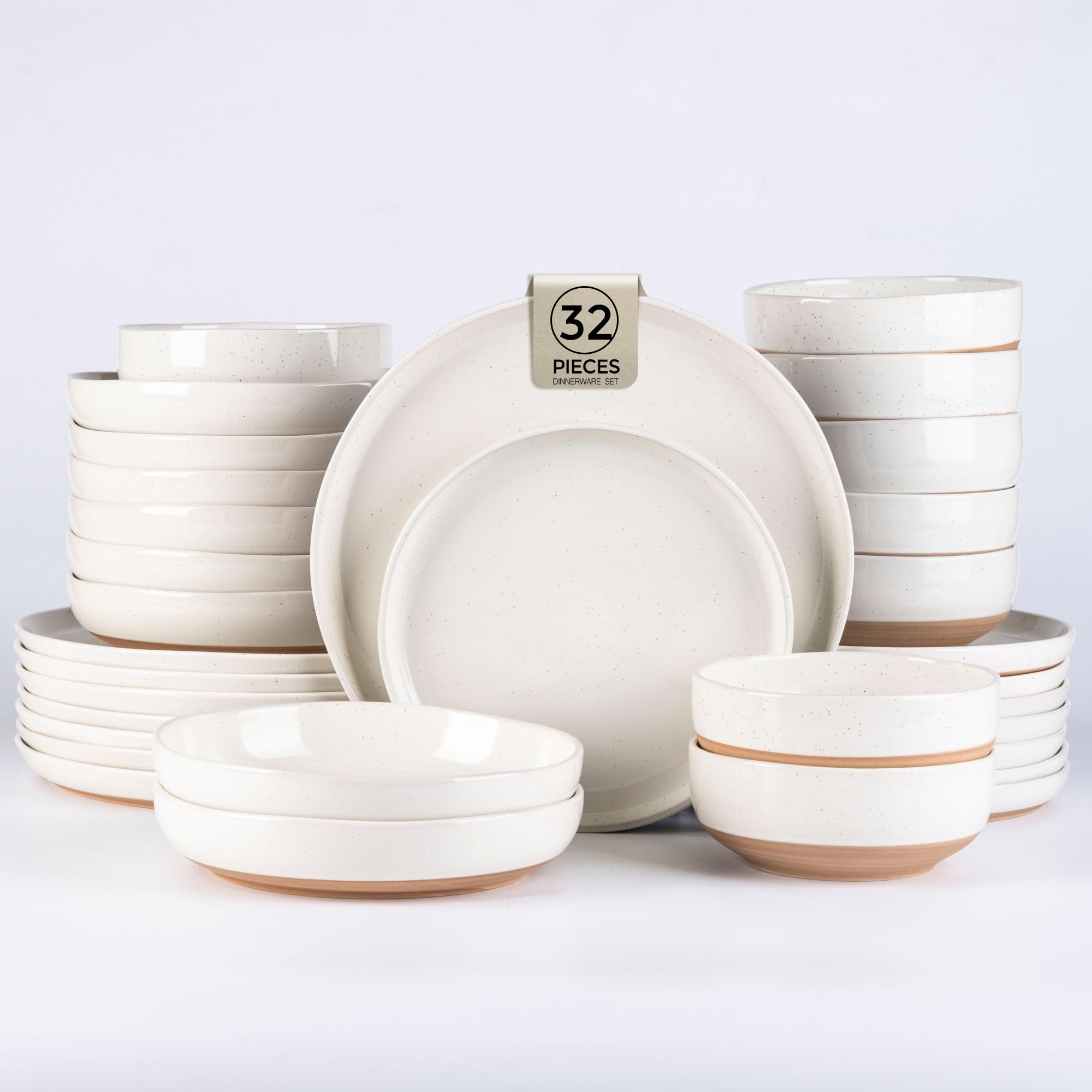 amorarc ceramic dinnerware sets with pasta bowls for 8, handpainted plates and bowls set with rustic terracotta underside, scratch resistant dishes set, dishwasher & microwave safe, 32 pcs