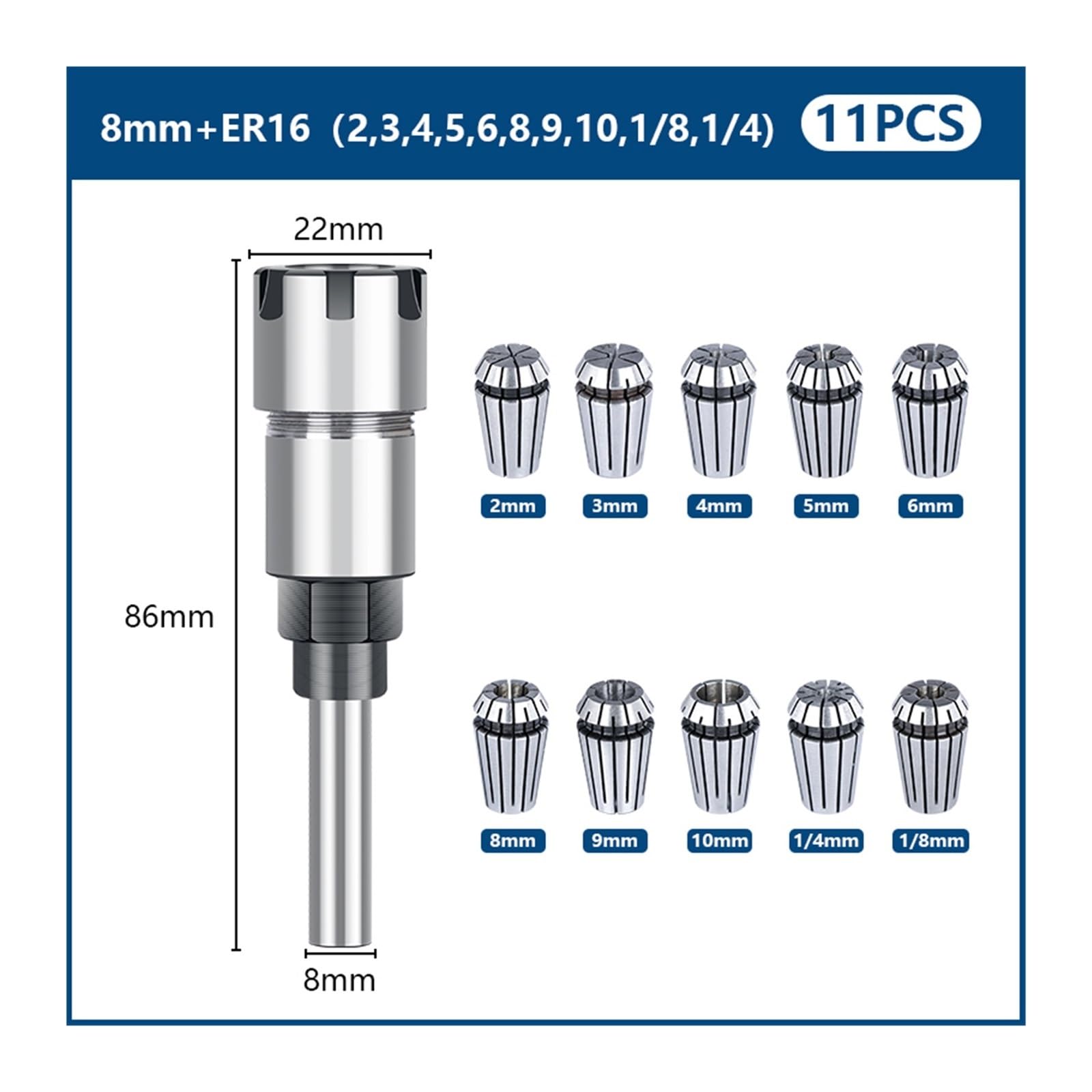 1 szt. Zestaw uchwytów do końcówek routera 1/4 "8mm 1/2" pręt przedłużający z chwytem i tuleja zaciskowa ER 16 20 frezu drewna(8mm -ER16-10PCS)