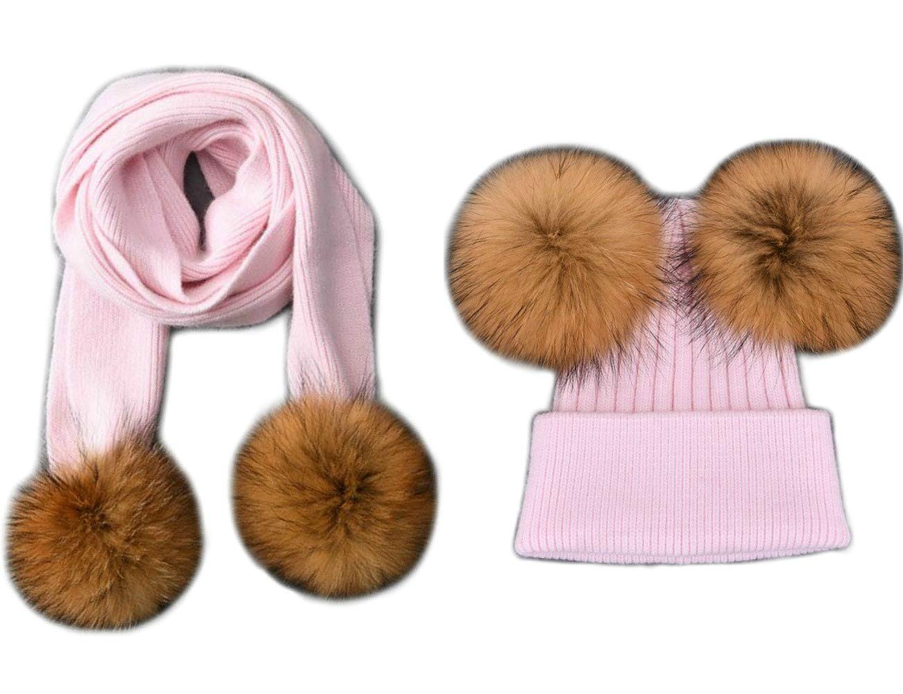 Juego de gorro y bufanda mixto cachemir con pompón de piel auténtica para niños de 1 a 4 a 5 años ROSA 4 PON PON BEIGE Talla única