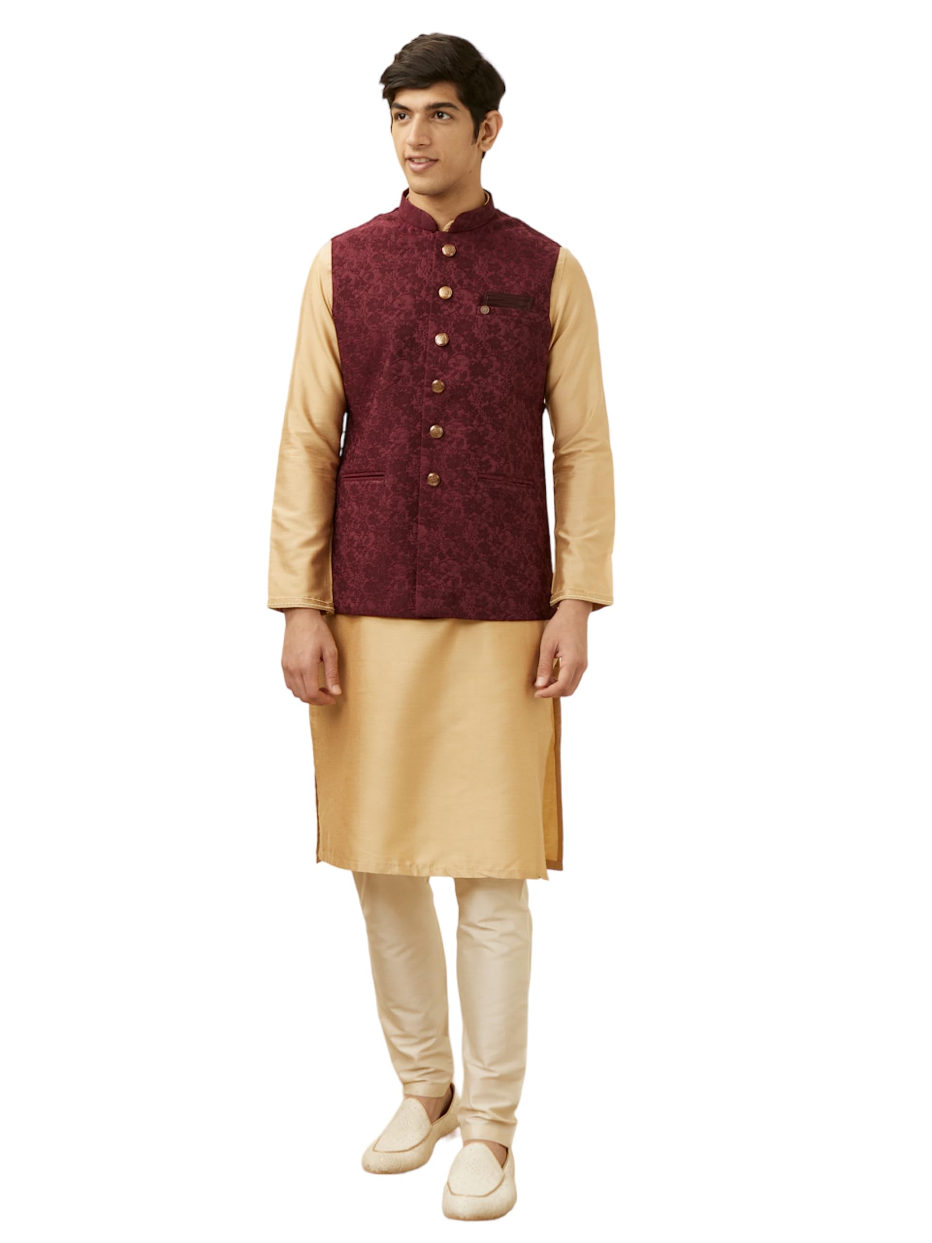 manyavar Men's Jacquard Bel Buti Patterned Ethnic Jacket (Jacket Only)-picture-17