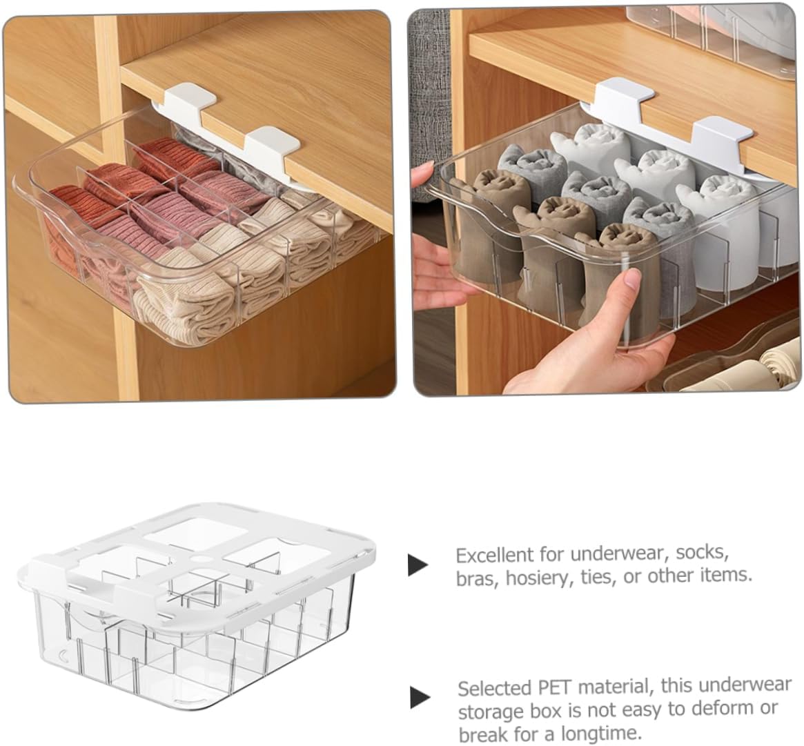 Transparent Compartment Under Shelf Drawer Organizer Box for Socks Underwear Adhesive Wardrobe Storage Holder with Dustproof Design for Closet Neatness and Easy Access