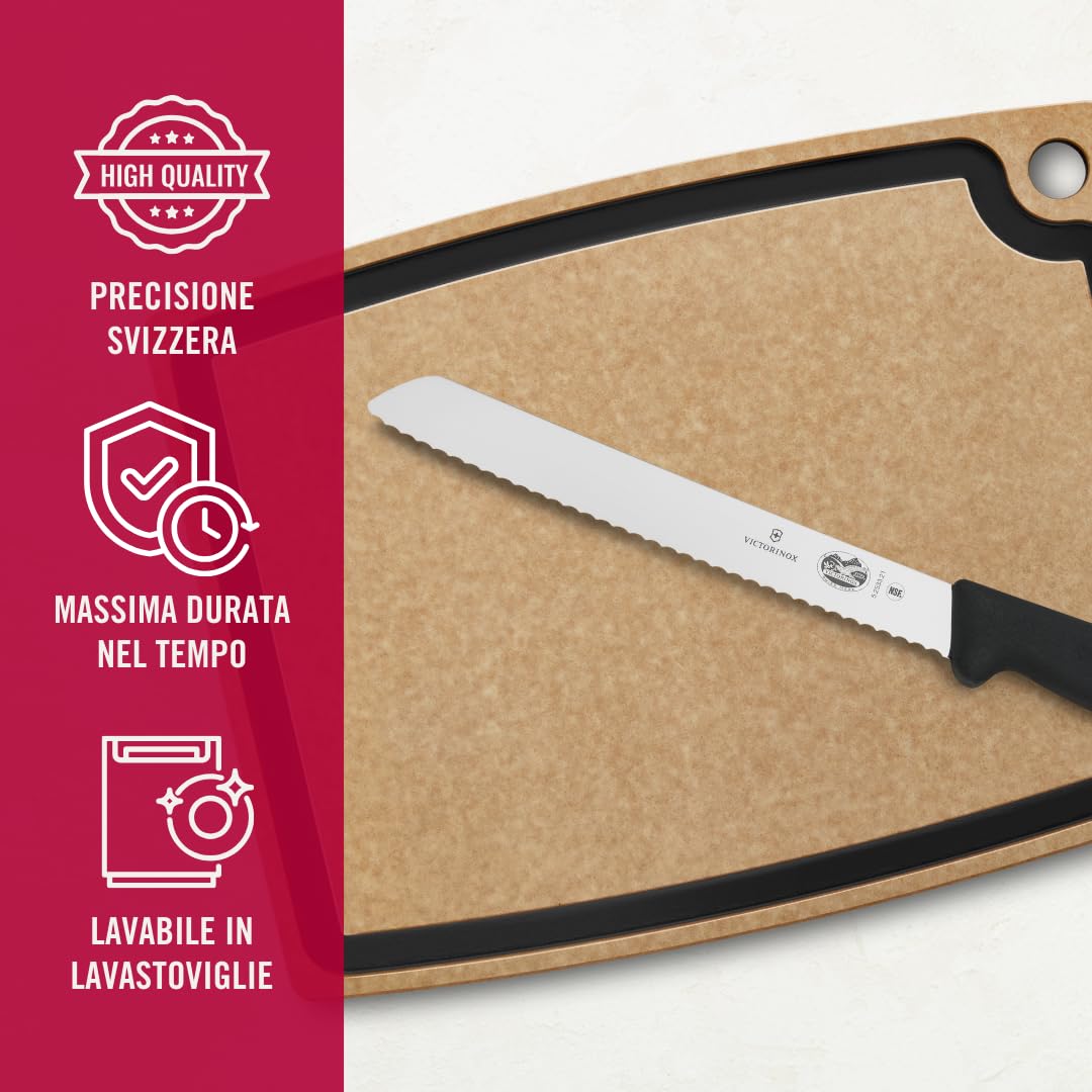 Victorinox Fibrox, Coltello da Pane con Filo Ondulato, Coltello affilato per Dolci e Pane, 21 cm, Lama Lunga, Acciaio Inossidabile, Nero
