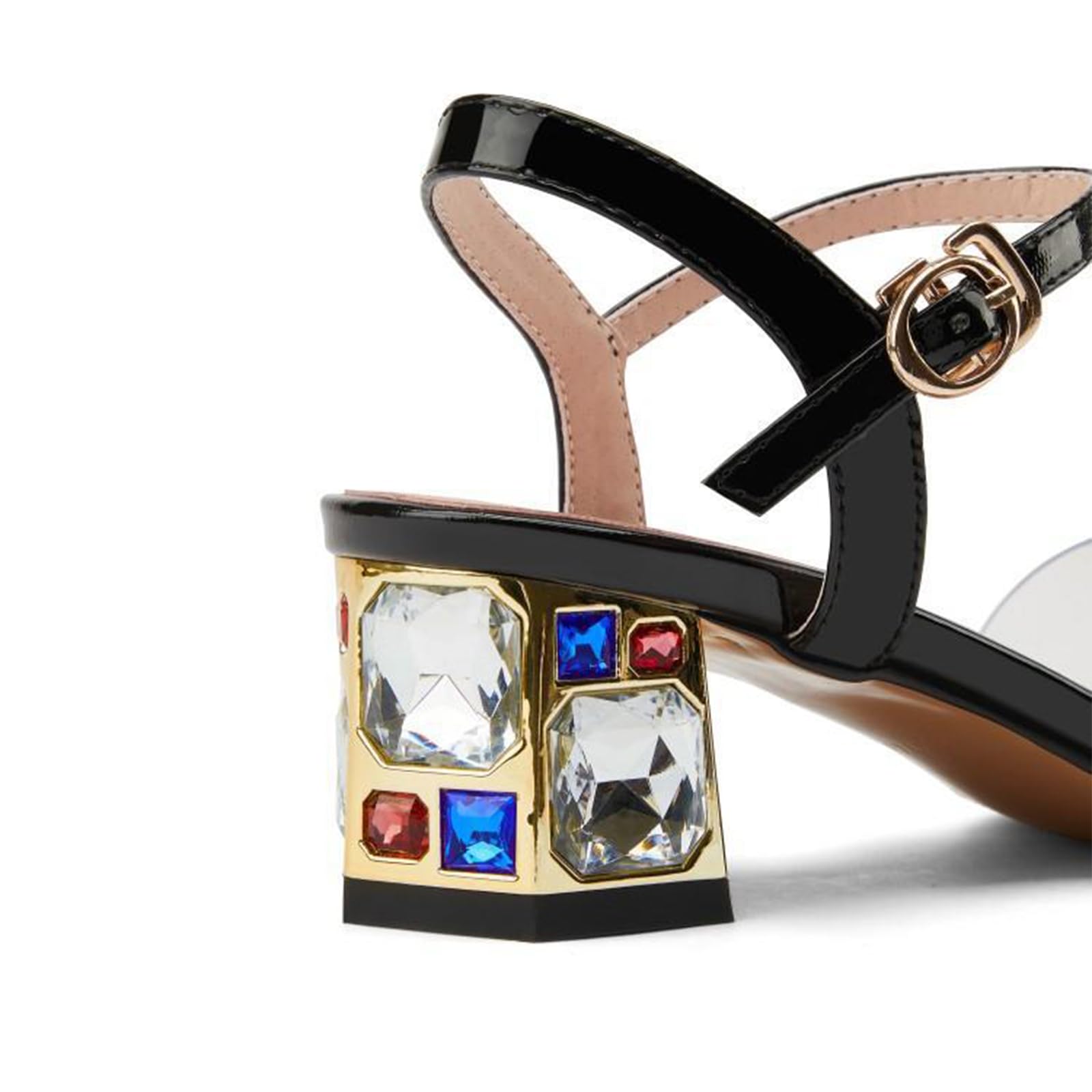 Mujer Tacones Altos con Punta Cuadrada Sandalias Huecas Sandalias con Tacones Gruesos Correa con Hebilla de una línea Charol PVC Tacones Gruesos Pedrería Altura del tacón 8 CM