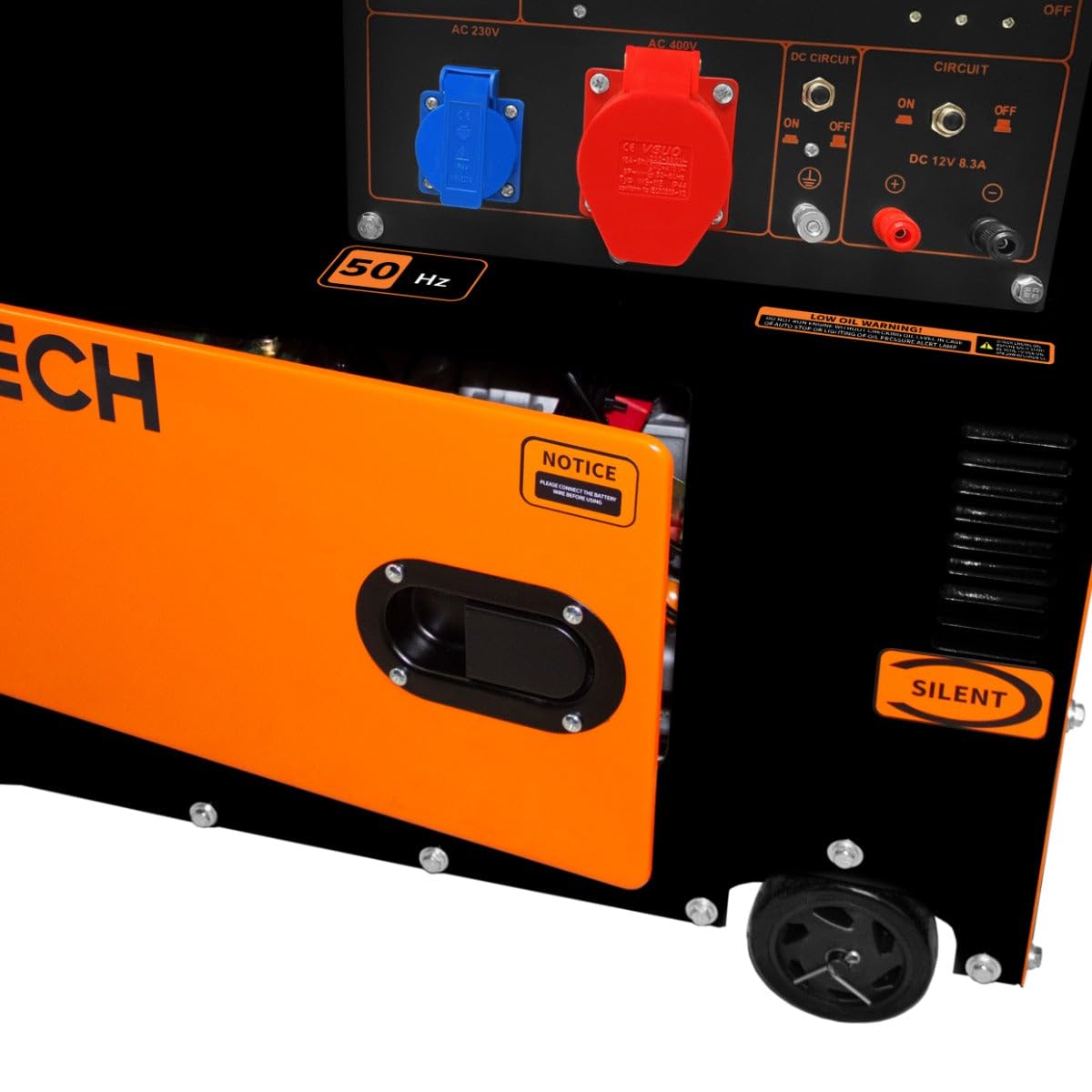 Generatore Diesel Silenzioso Trifase ATS 6.5kVA 6500W 13HP 230V 400V Avvio Elettrico Telaio Chiuso Potenza di Emergenza 4 Ruote Acciaio Verniciato a Polvere Nera 20L Capacità Kit Attrezzi & Imbuto