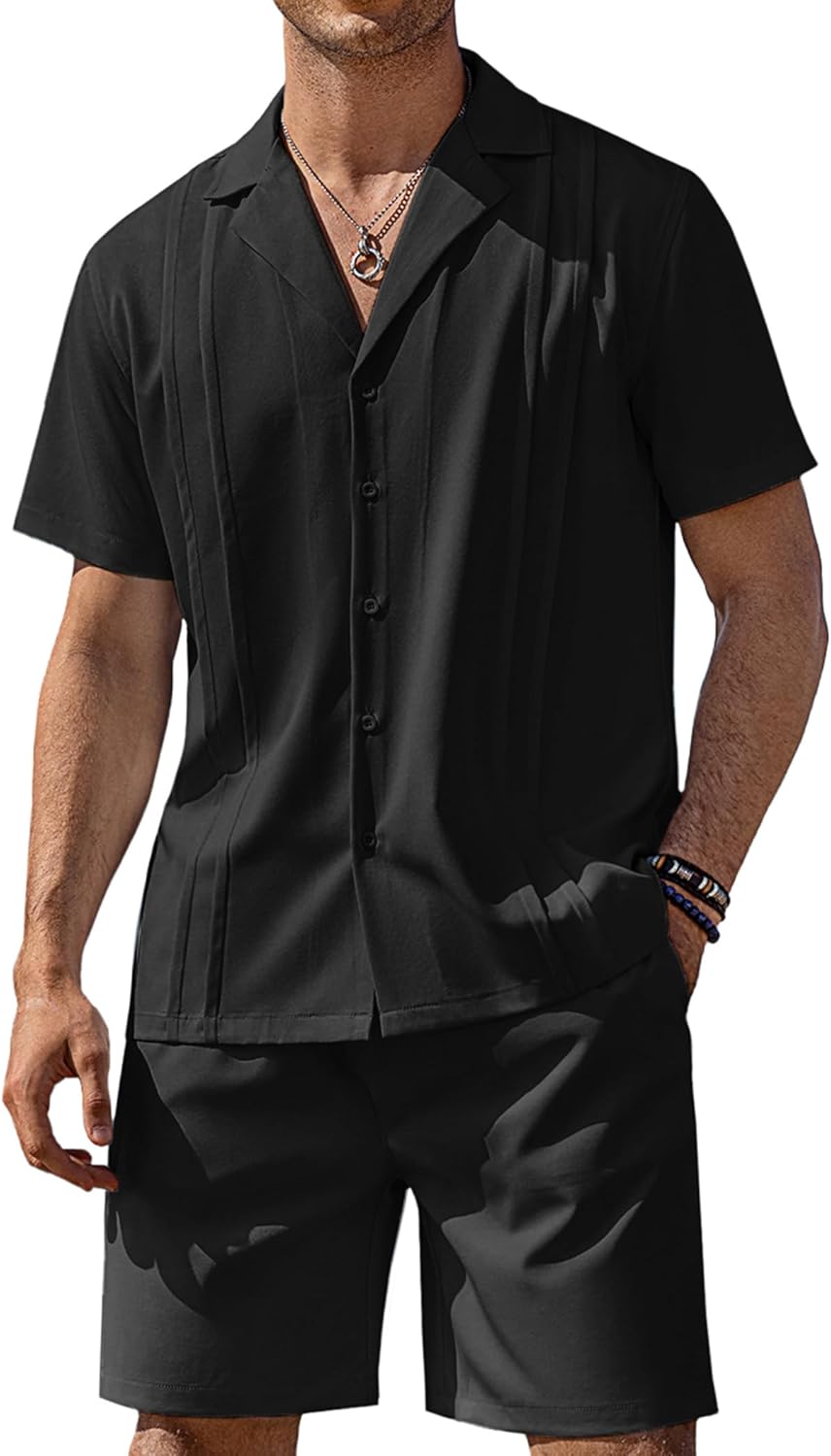 COOFANDY Mens 2 Piece Short Set Guayabera Button Down Shirt Casual Summer Beach Outfits