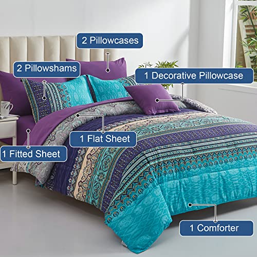 Image of Cottolester Boho Comforter Set Full Size 8 Piece Bed in a Bag Bohemian Striped Bedding Quilt Set Aqua Paisley Floral Comforter and Sheet Set,Soft Microfiber Complete Bedding Sets for All Season