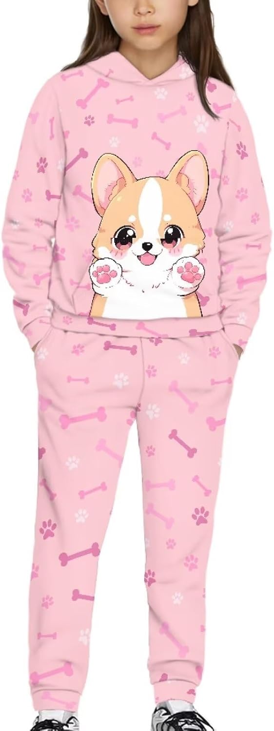 Girls Track Suit with Hoodies and Jogging Sweatpants Casual Cute Matching Sweat Set 5-12Y