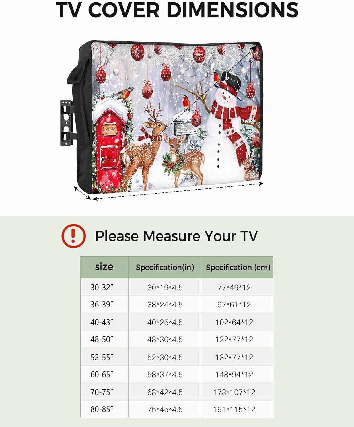 Christmas Snowman Garland Outdoor TV Cover 70"-75" - 600D Waterproof TV Cover Weatherproof TV Screen Protector Dustproof Winter Xmas Balls Elk Snowy TV Display Protector for Outside Flat Screen TV