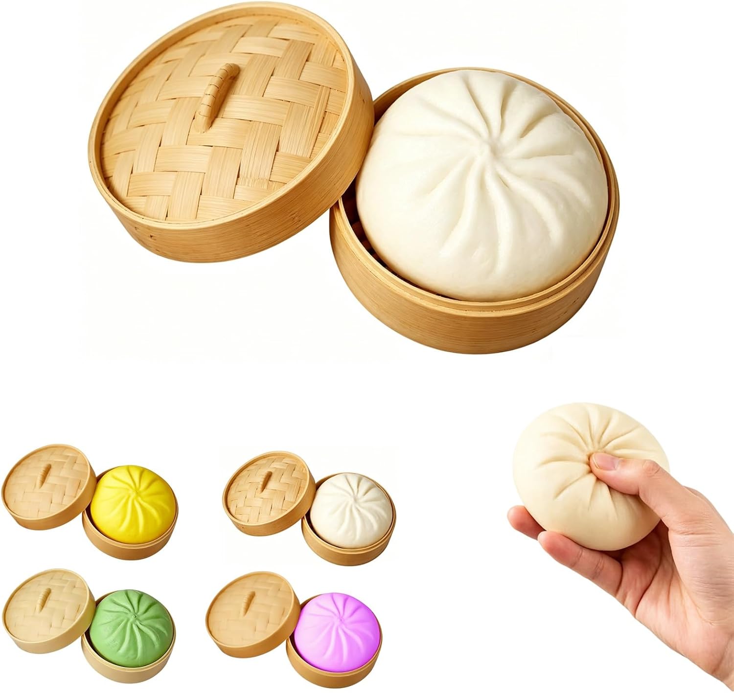 Dumpling Squishy Stress Relief Toy with Steamer Box, Soft Slow Rebound Squeeze Fidget Ball Glitter Sensory Toy for Desk Decor Relaxation Present
