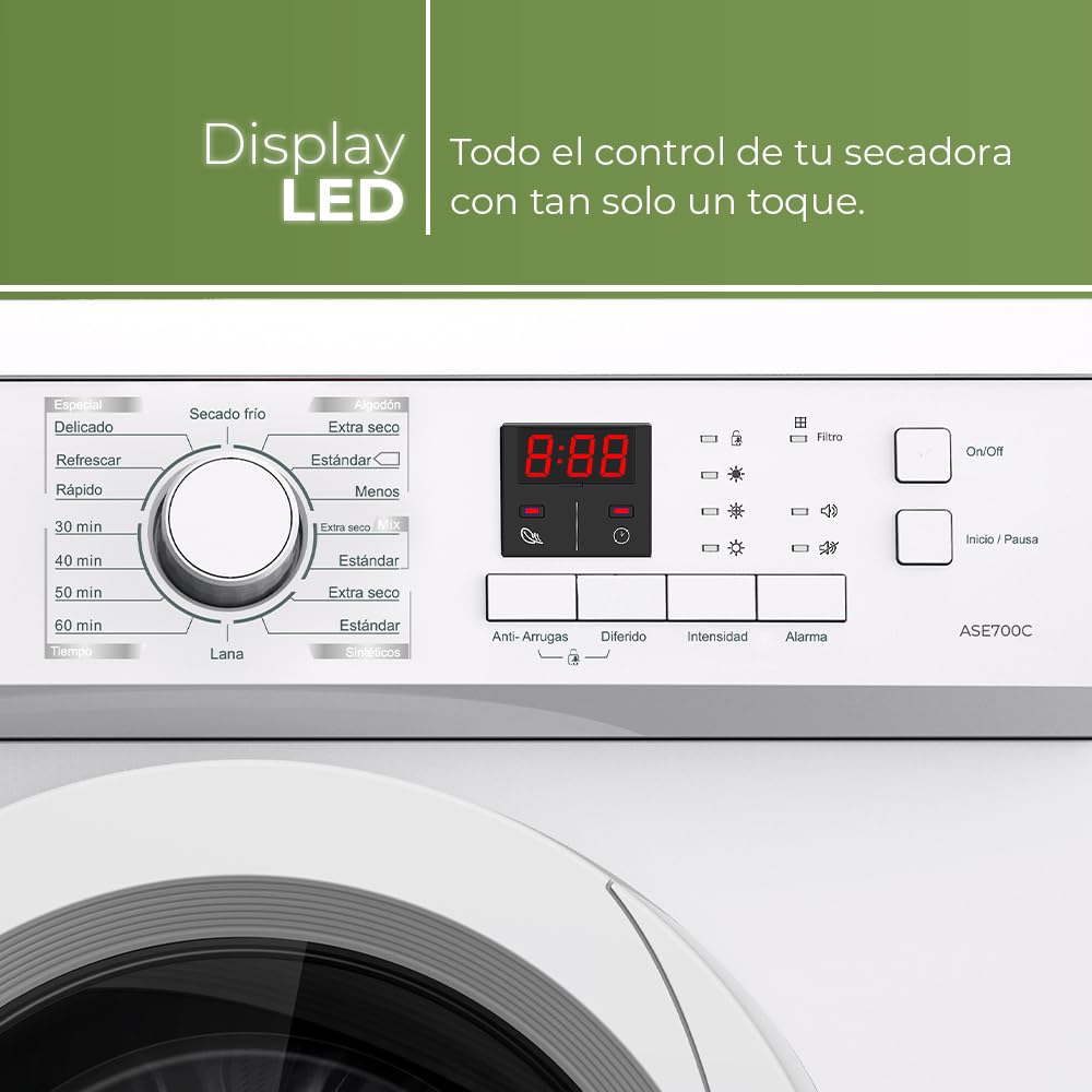 Aspes Secadora de Evacuación 7Kg Carga Frontal Blanco ASE700C. 2000W, 16 Programas, Función Antiarrugas, Función Antiarrugas, Display LED manual, Eficiencia Energética Clase C