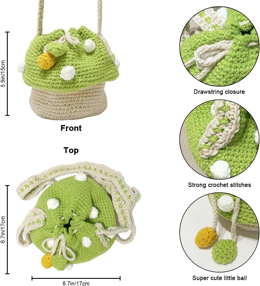 Handmade Knitted Purse Wool Knitted Mushroom Shoulder Bag for Women Crossbody Bucket Bag with Drawstring - Image 4