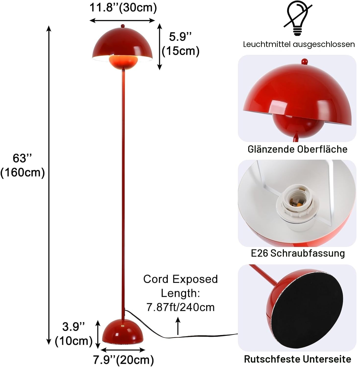Alpinaluz Stehleuchte mit gewölbtem Parabolschirm: Klassisch, modern und nordisch, ideal für Wohnzimmer und Esszimmer mit E27-Sockel (Rot)